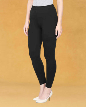Slimz Solid Stretchable Skinny Fit Cotton Fabric Ankle Length Leggings for Women - Black