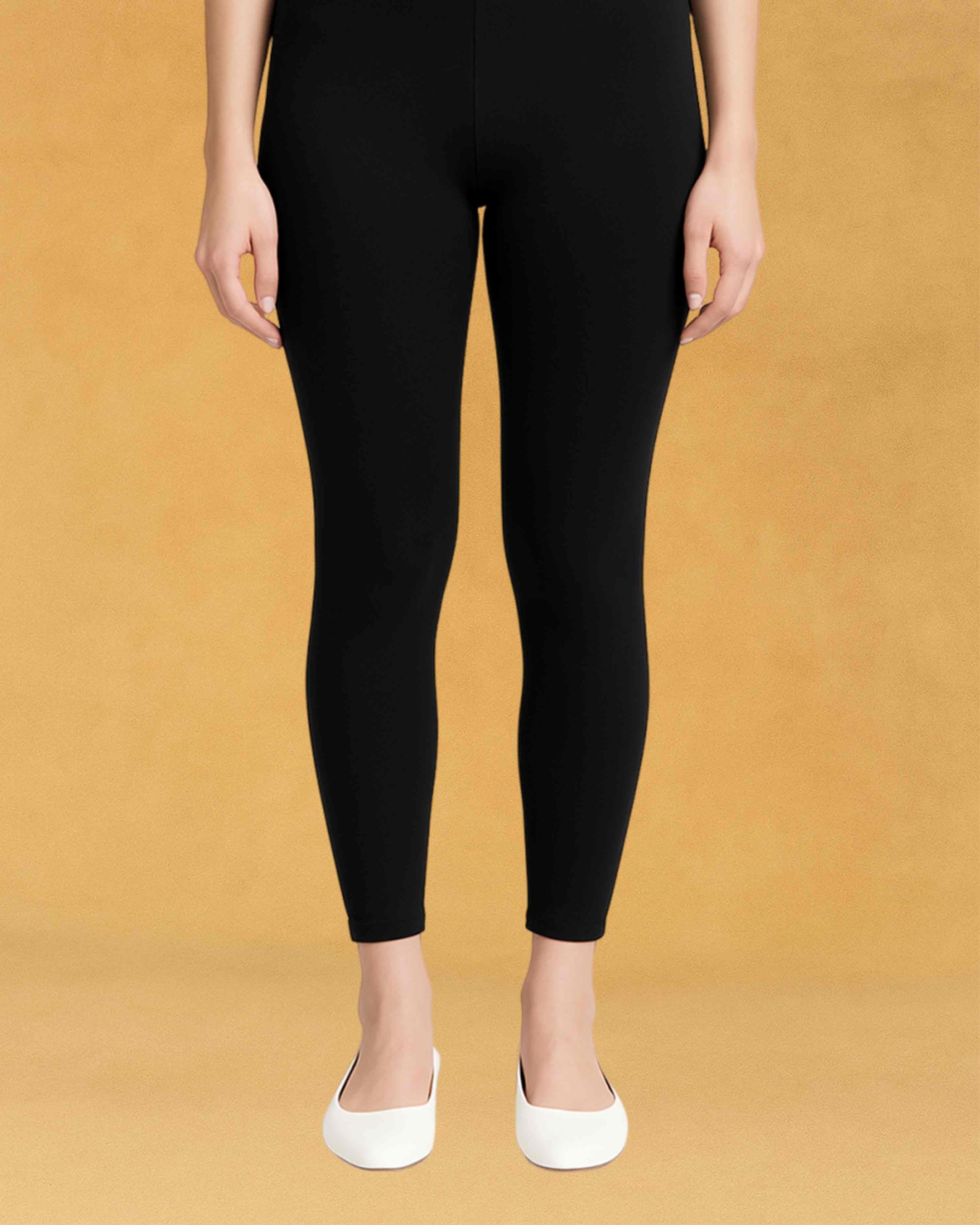 Slimz Solid Stretchable Skinny Fit Cotton Fabric Ankle Length Leggings for Women - Black