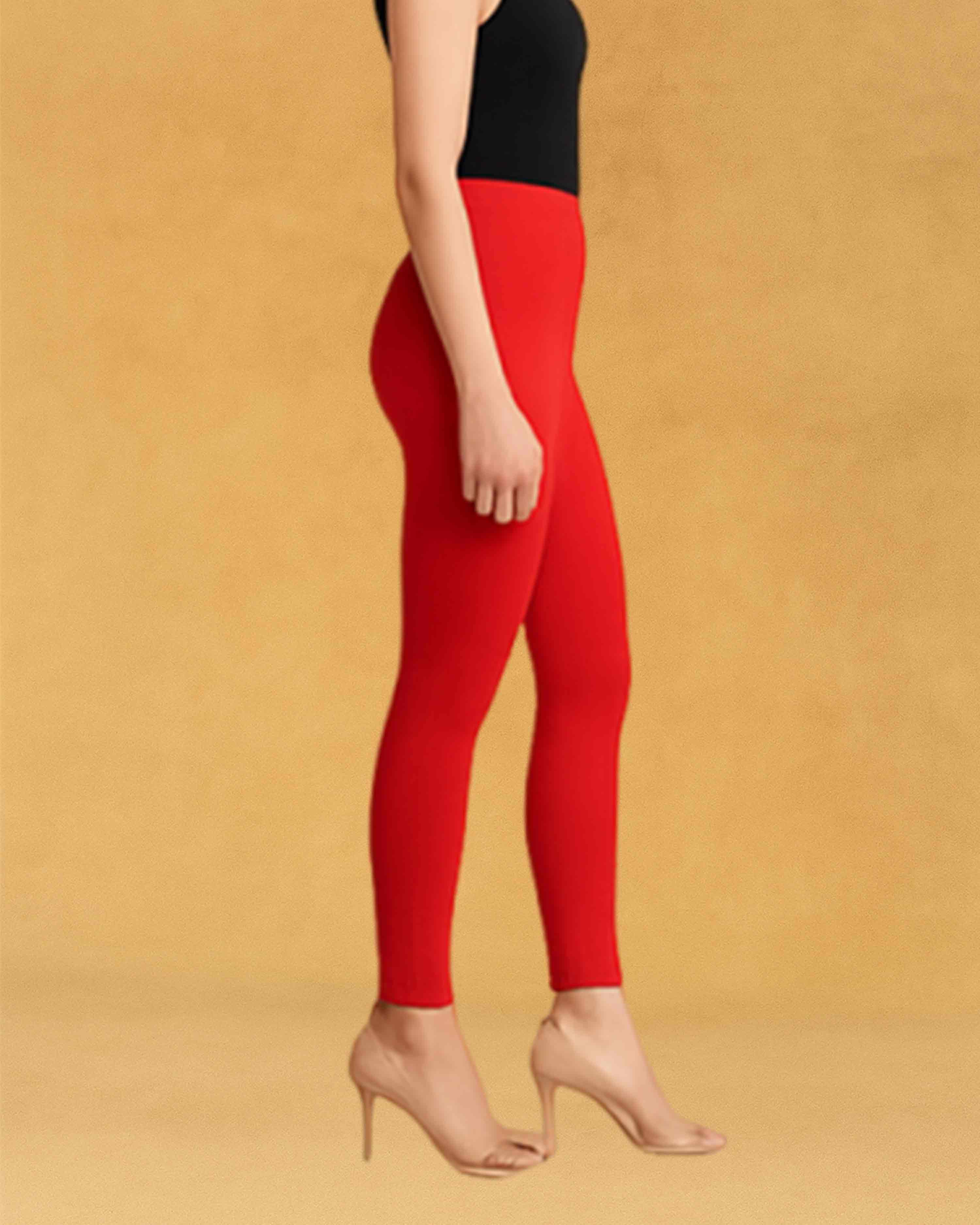 Stretchable Skinny Fit Cotton Fabric Ankle Length Leggings for Women - Red
