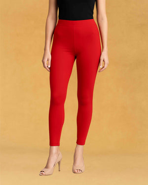 Stretchable Skinny Fit Cotton Fabric Ankle Length Leggings for Women - Red