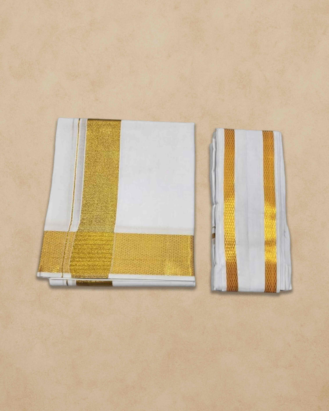 Vimayam Pure Cotton White Dhoti Towel Set, Cotton 4 Meter Dhoti and 2.25 Meter Towel Jari Dhoti (2 Inch Gold Zari)