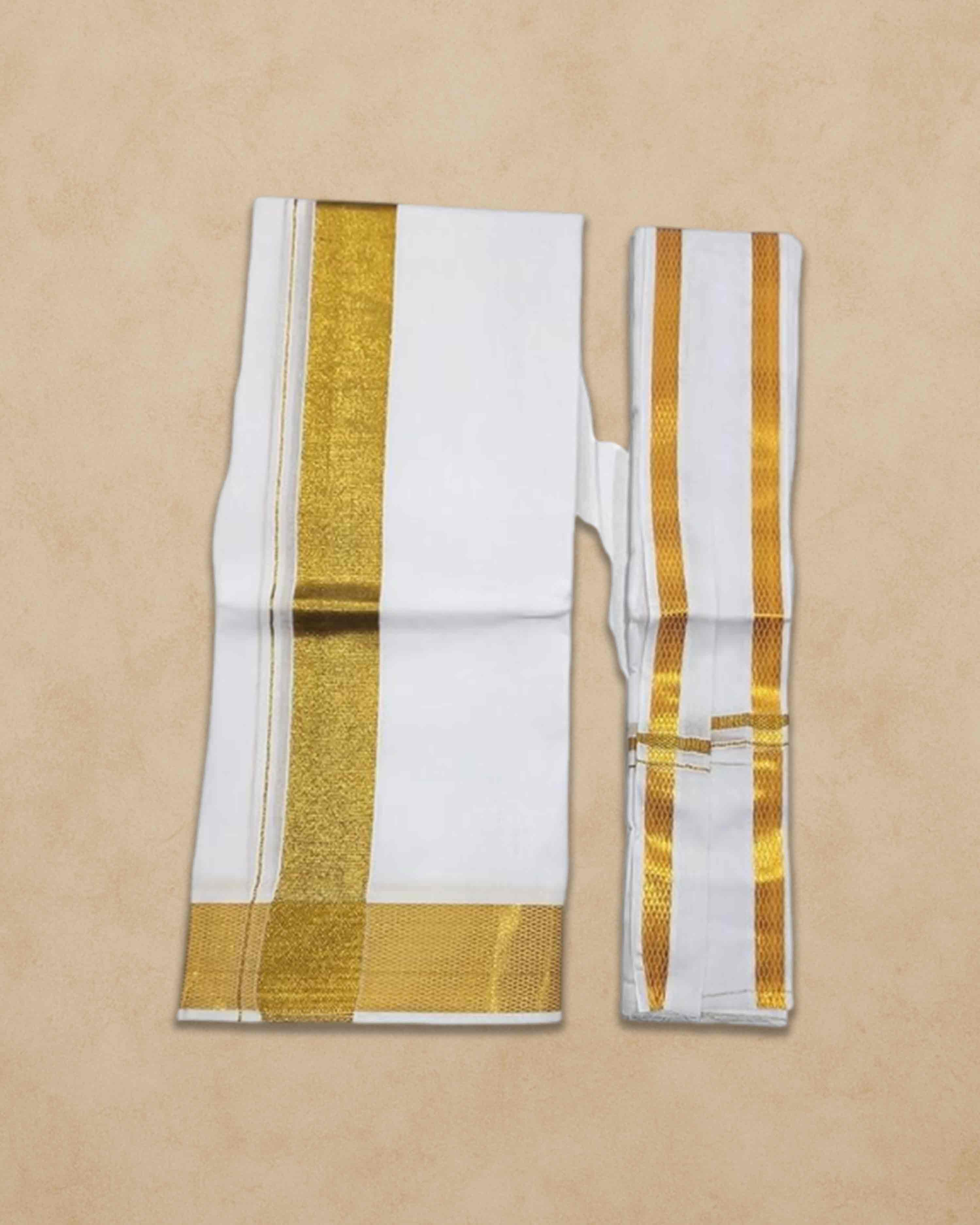 Vimayam Pure Cotton White Dhoti Towel Set, Cotton 4 Meter Dhoti and 2.25 Meter Towel Jari Dhoti (2 Inch Gold Zari)