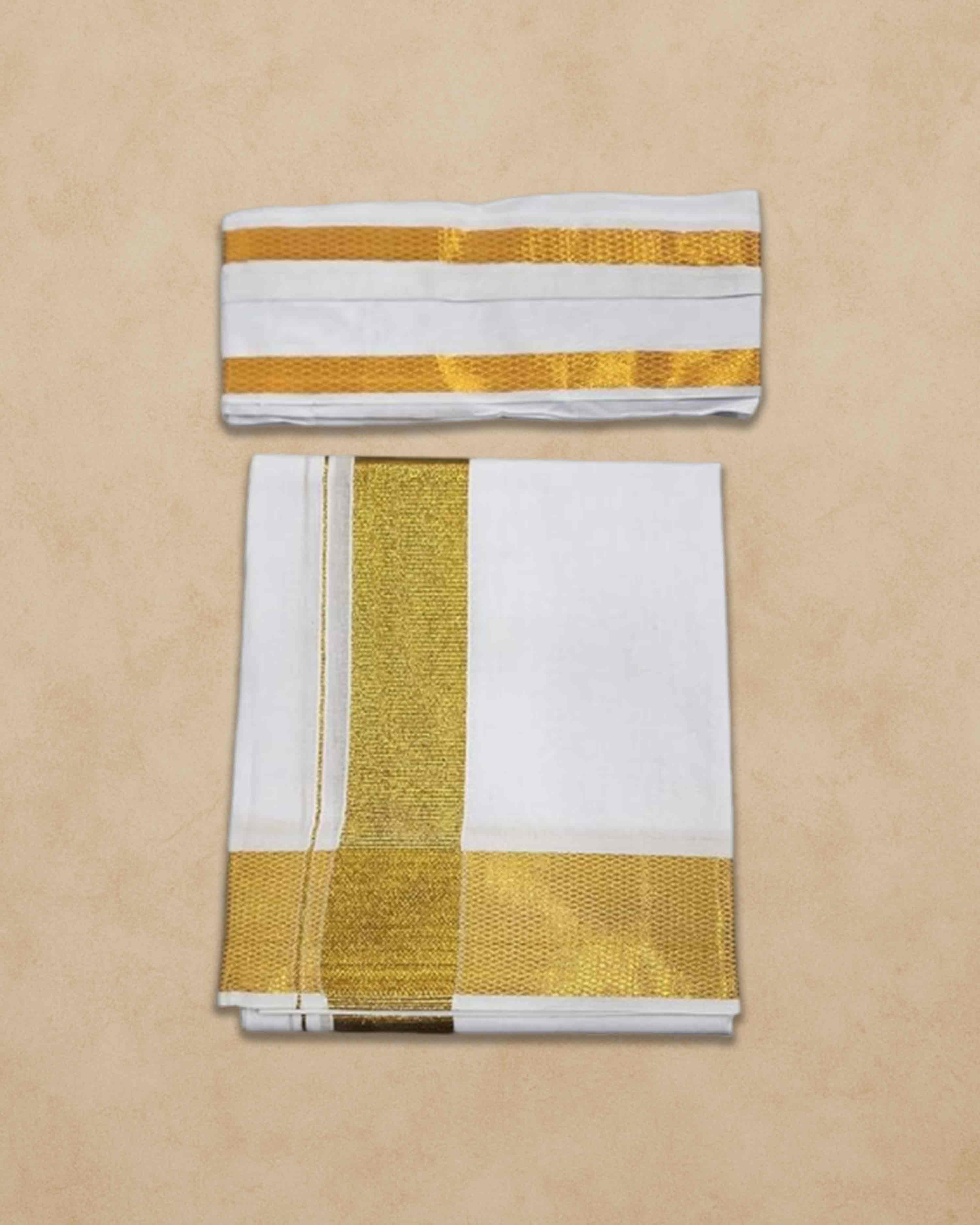 Vimayam Pure Cotton White Dhoti Towel Set, Cotton 4 Meter Dhoti and 2.25 Meter Towel Jari Dhoti (2 Inch Gold Zari)