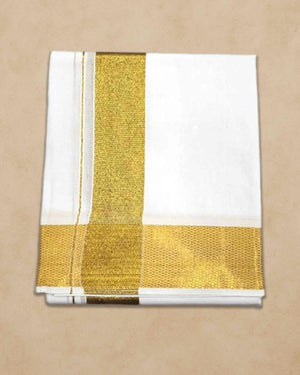 Vimayam Pure Cotton White Dhoti Towel Set, Cotton 4 Meter Dhoti and 2.25 Meter Towel Jari Dhoti (2 Inch Gold Zari)