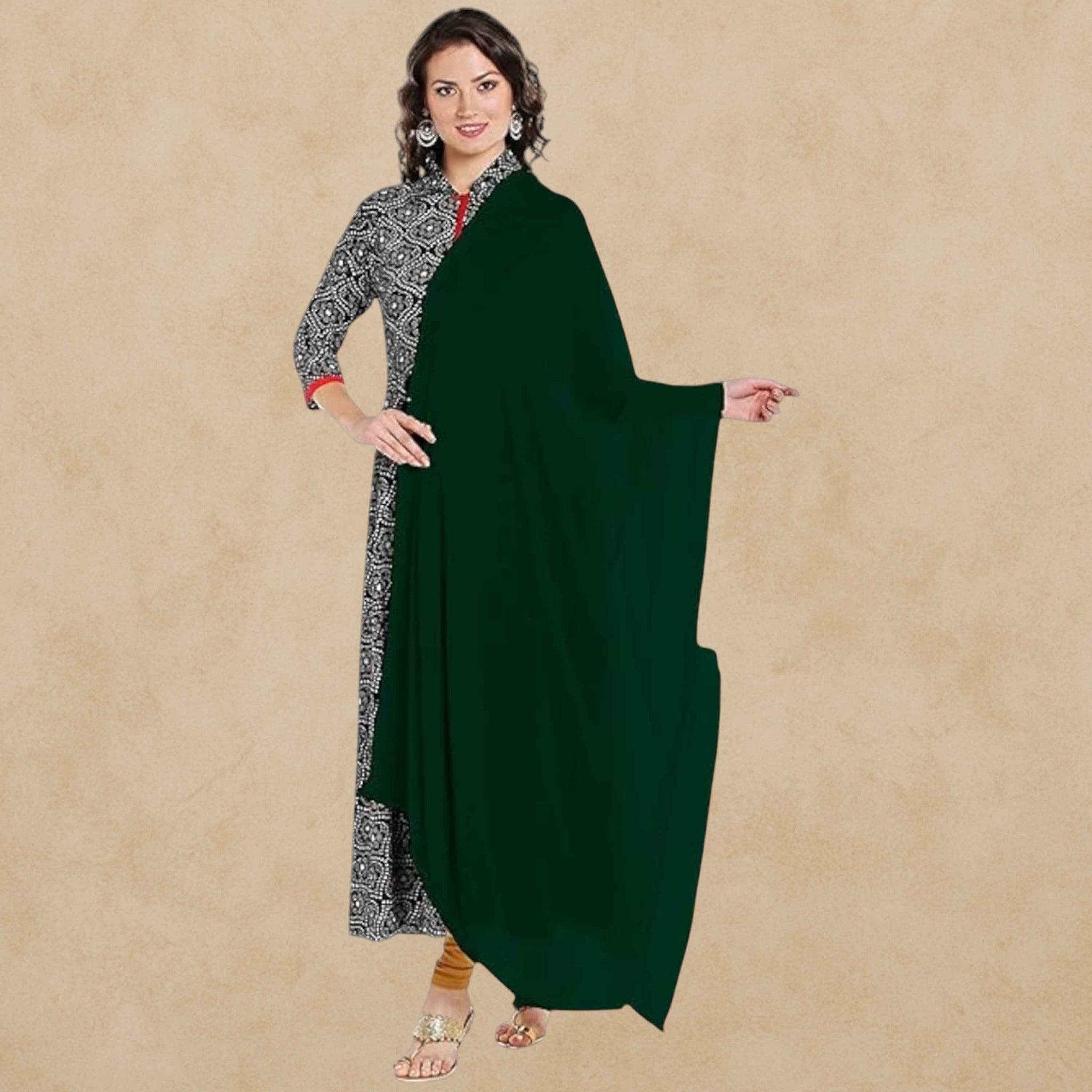 Women's Plain Solid Dupatta/Skarf/Stall Size 2.25 Meters With Lace Casual Use For Women/Girls - Bottle Green