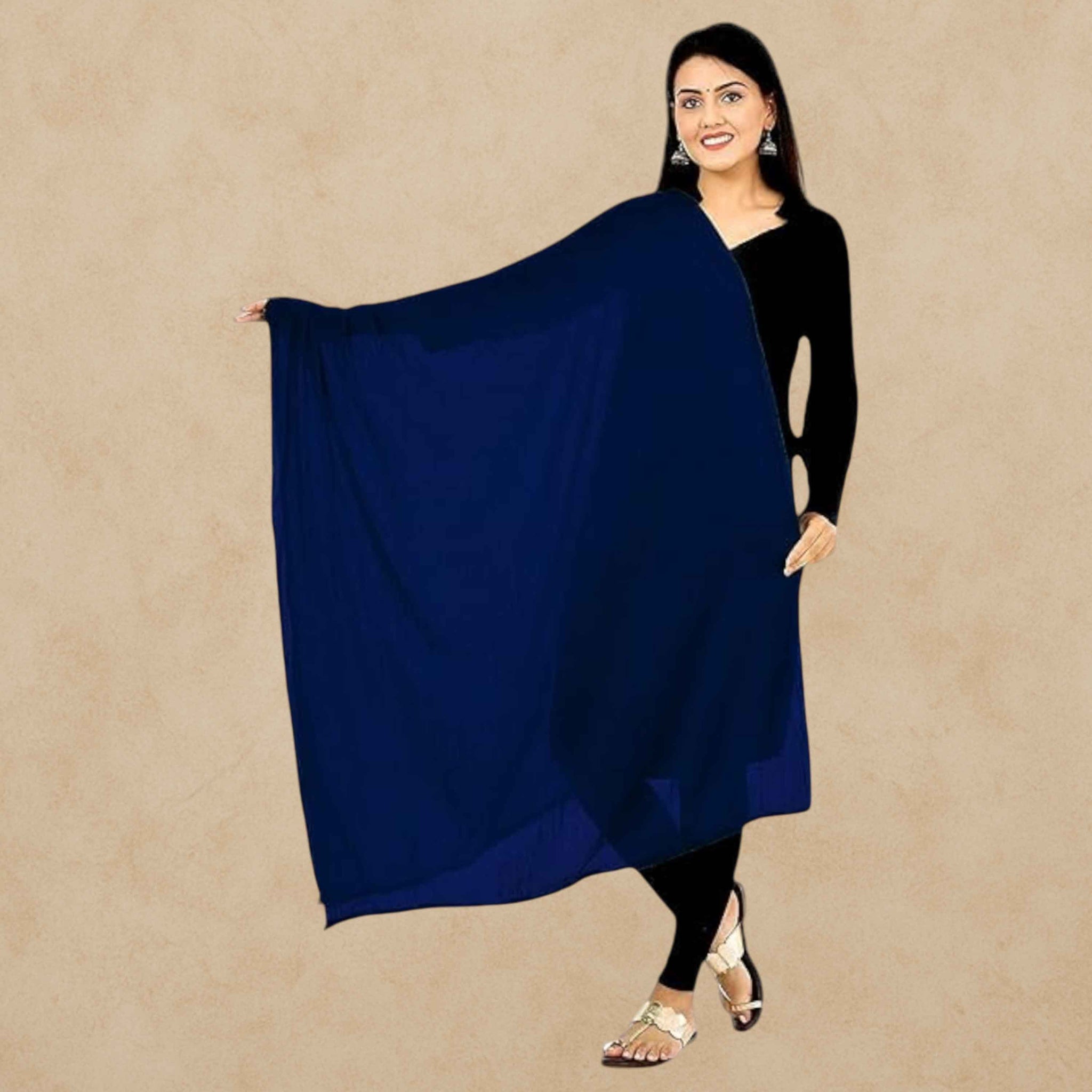 Women's Plain Solid Dupatta/Skarf/Stall Size 2.25 Meters With Lace Casual Use For Women/Girls - Navy Blue