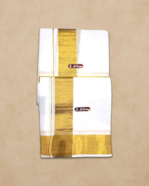 100% Pure Cotton Bleached White Dhoti With Cotton Big Gold Zari Border