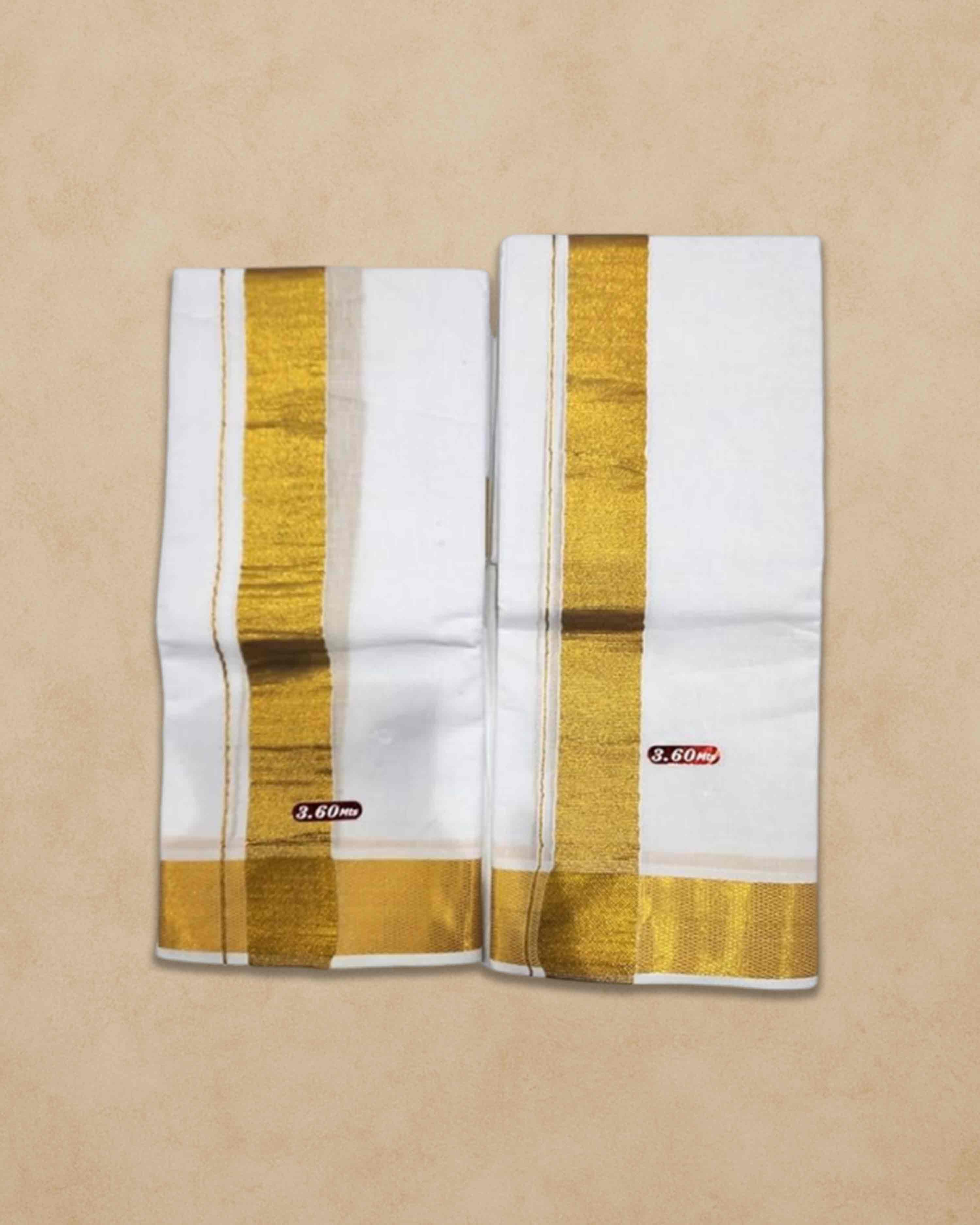 100% Pure Cotton Bleached White Dhoti With Cotton Big Gold Zari Border