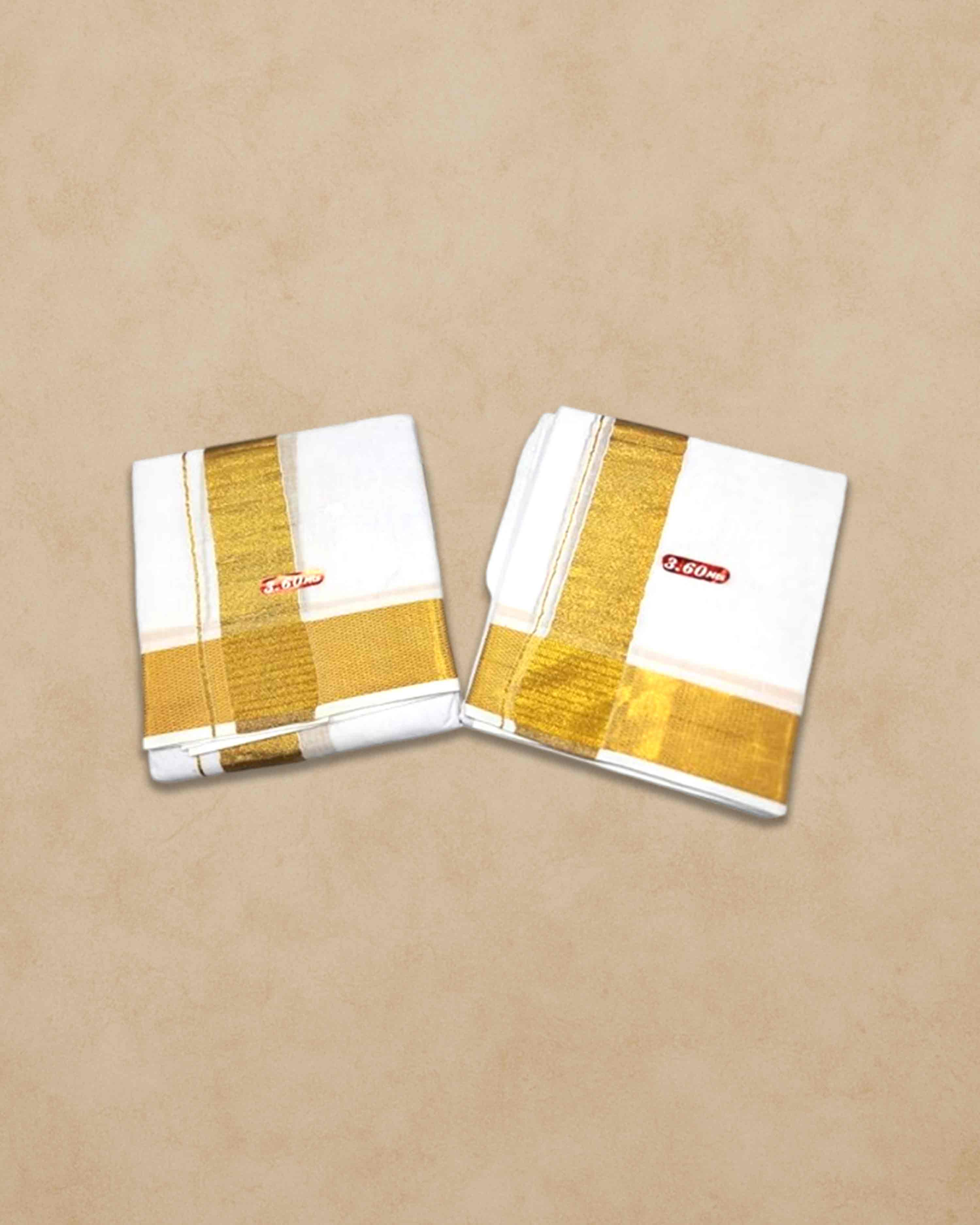 100% Pure Cotton Bleached White Dhoti With Cotton Big Gold Zari Border