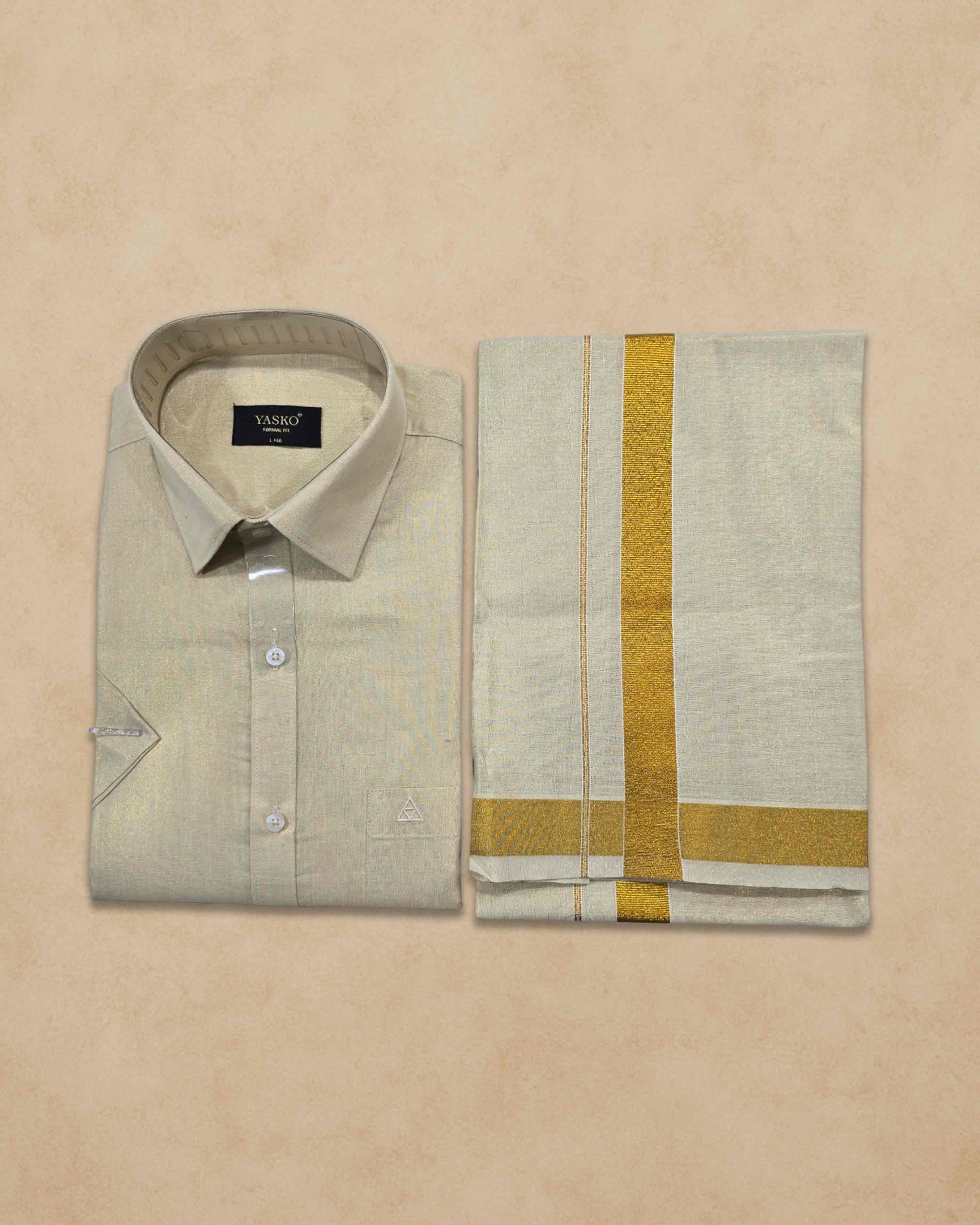 Combo of Shirt and Dhoti | Traditional Wedding Set for Men Half sleeve - Gold