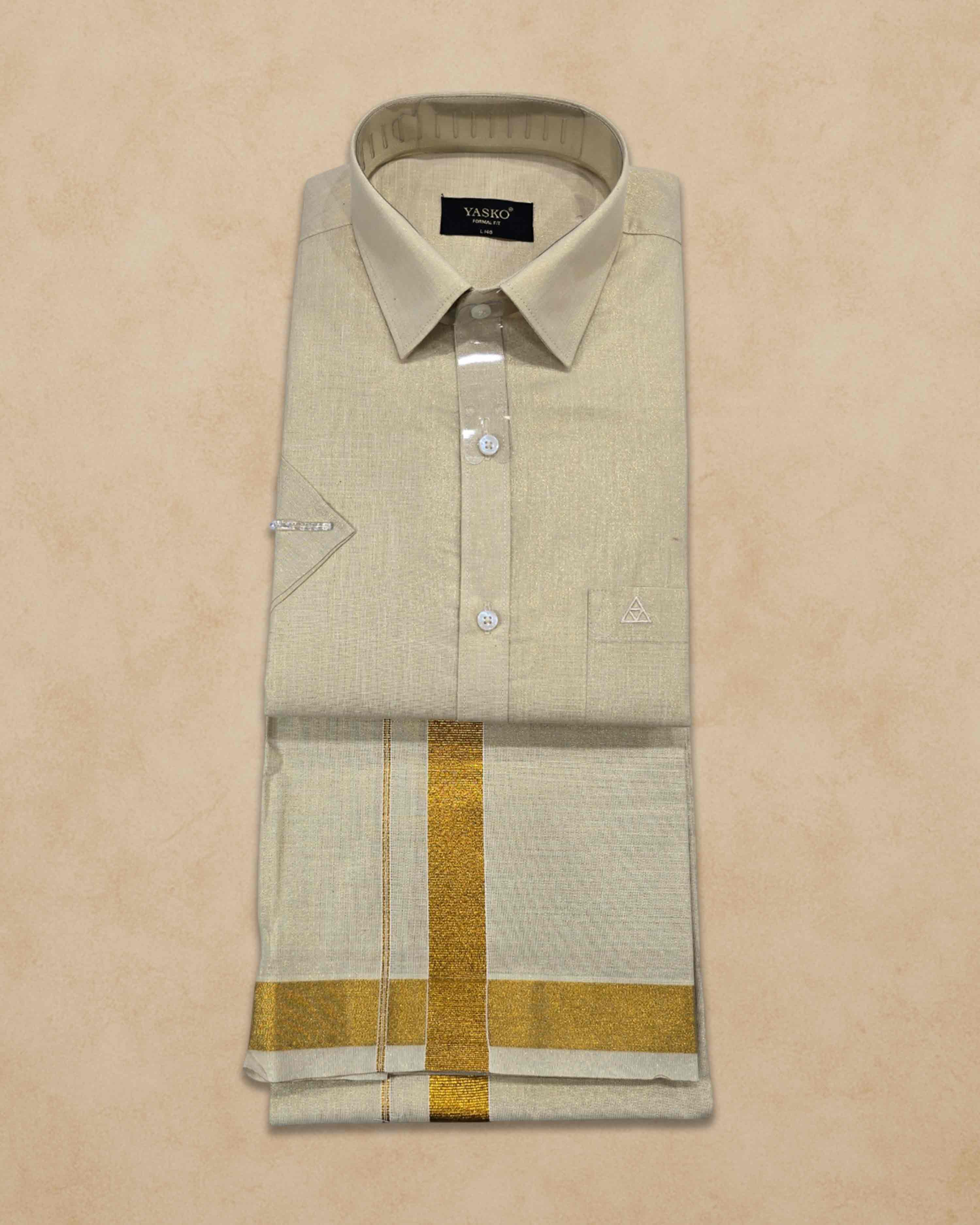 Combo of Shirt and Dhoti | Traditional Wedding Set for Men Half sleeve - Gold