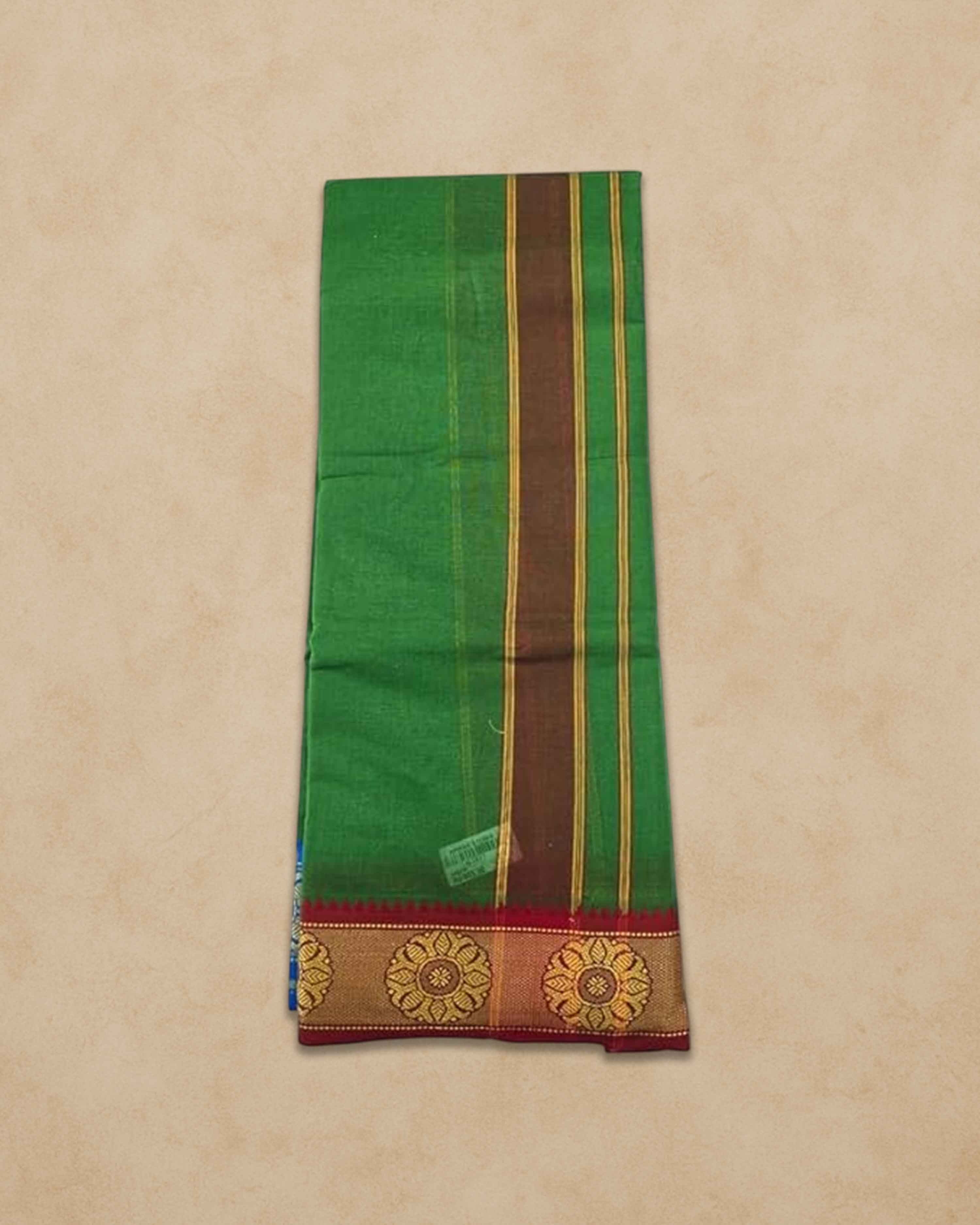 Men's Unbleached Cotton Panjakacham Dhoti & Towel Set | 9x5 Traditional Dhoti with Angavastram - Green