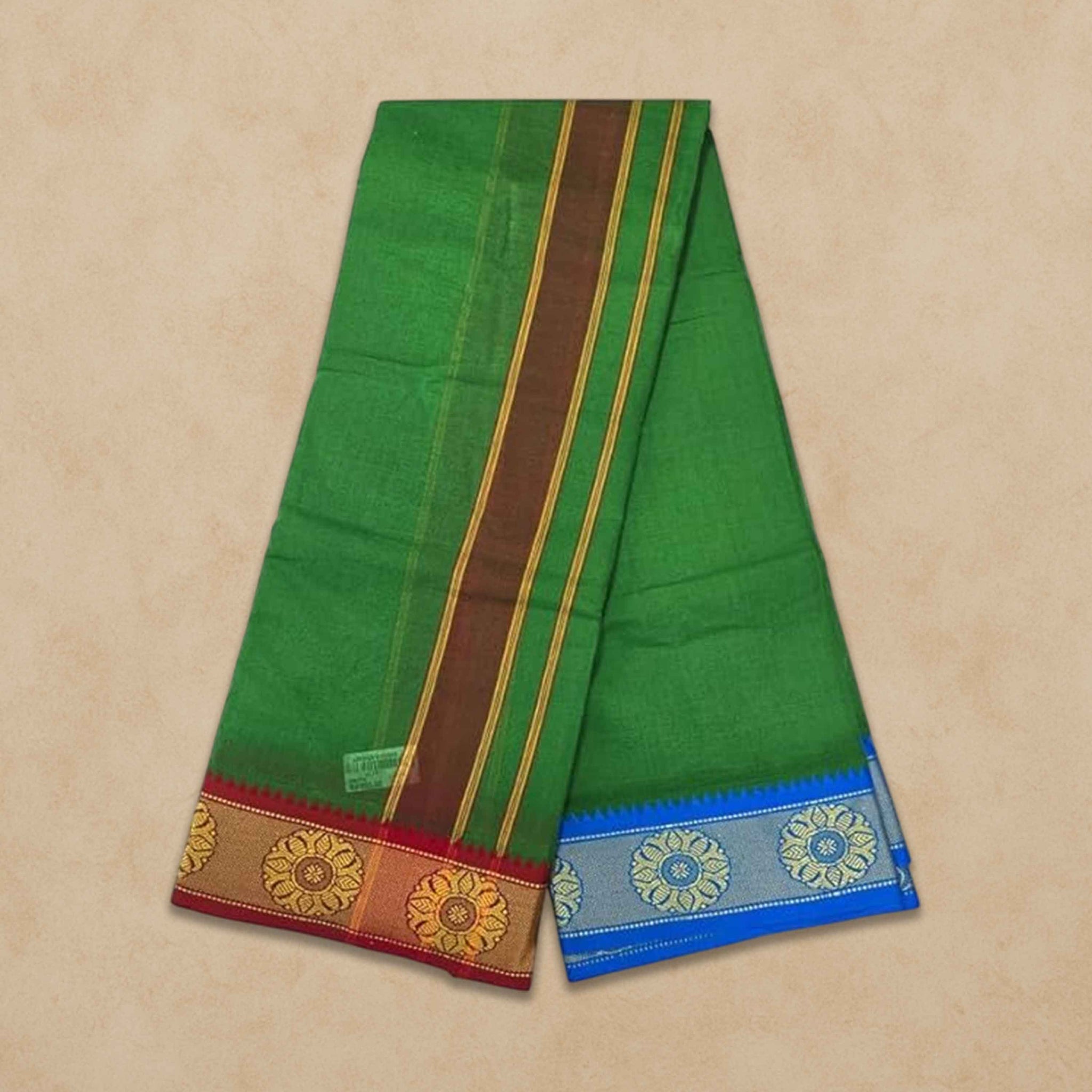 Men's Unbleached Cotton Panjakacham Dhoti & Towel Set | 9x5 Traditional Dhoti with Angavastram - Green