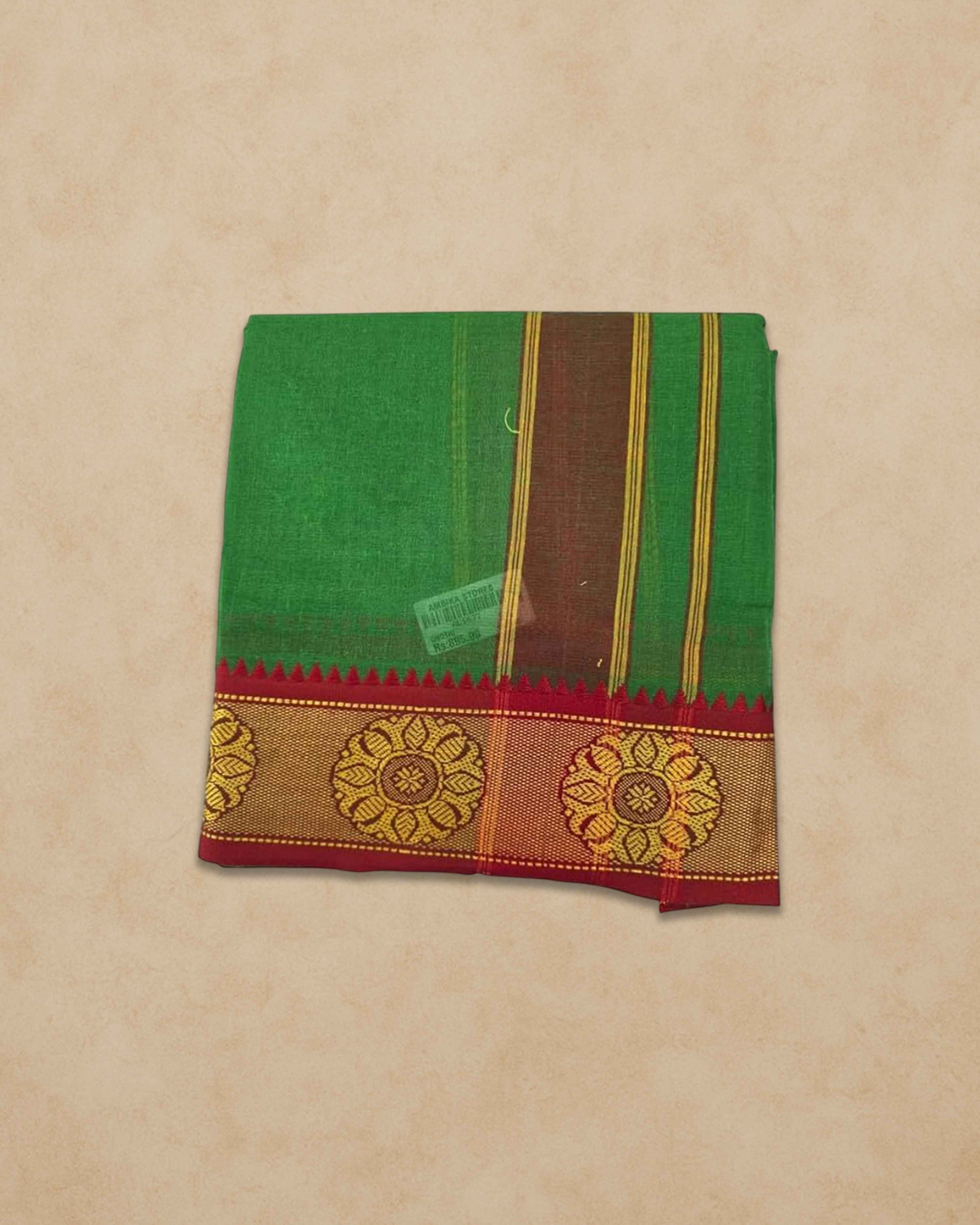Men's Unbleached Cotton Panjakacham Dhoti & Towel Set | 9x5 Traditional Dhoti with Angavastram - Green