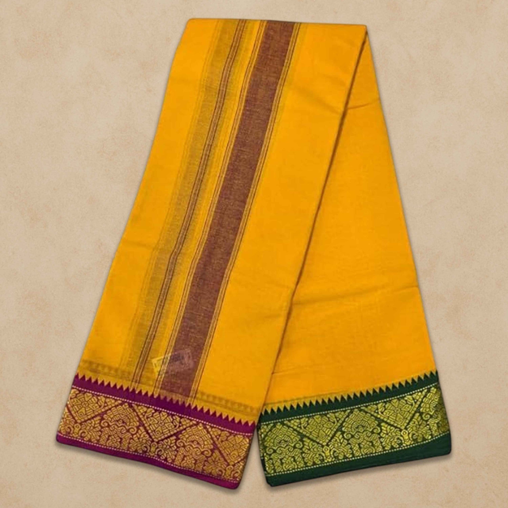 Men's Unbleached Cotton Panjakacham Dhoti & Towel Set | 9x5 Traditional Dhoti with Angavastram - Mango Yellow