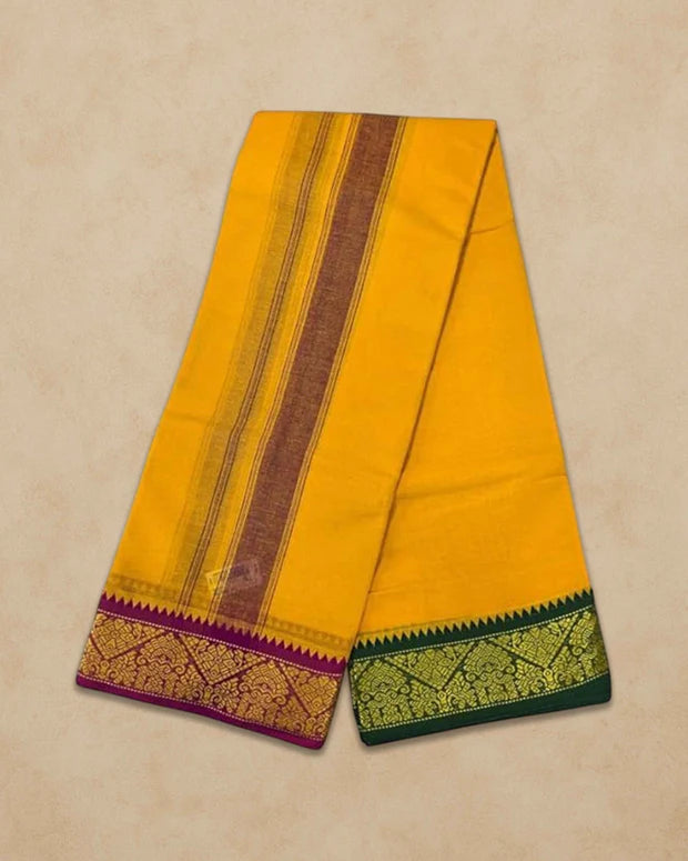 Men's Cotton Panjakacham Dhoti & Towel Set | 9x5 Traditional Dhoti with Angavastram | Mango Yellow Colour