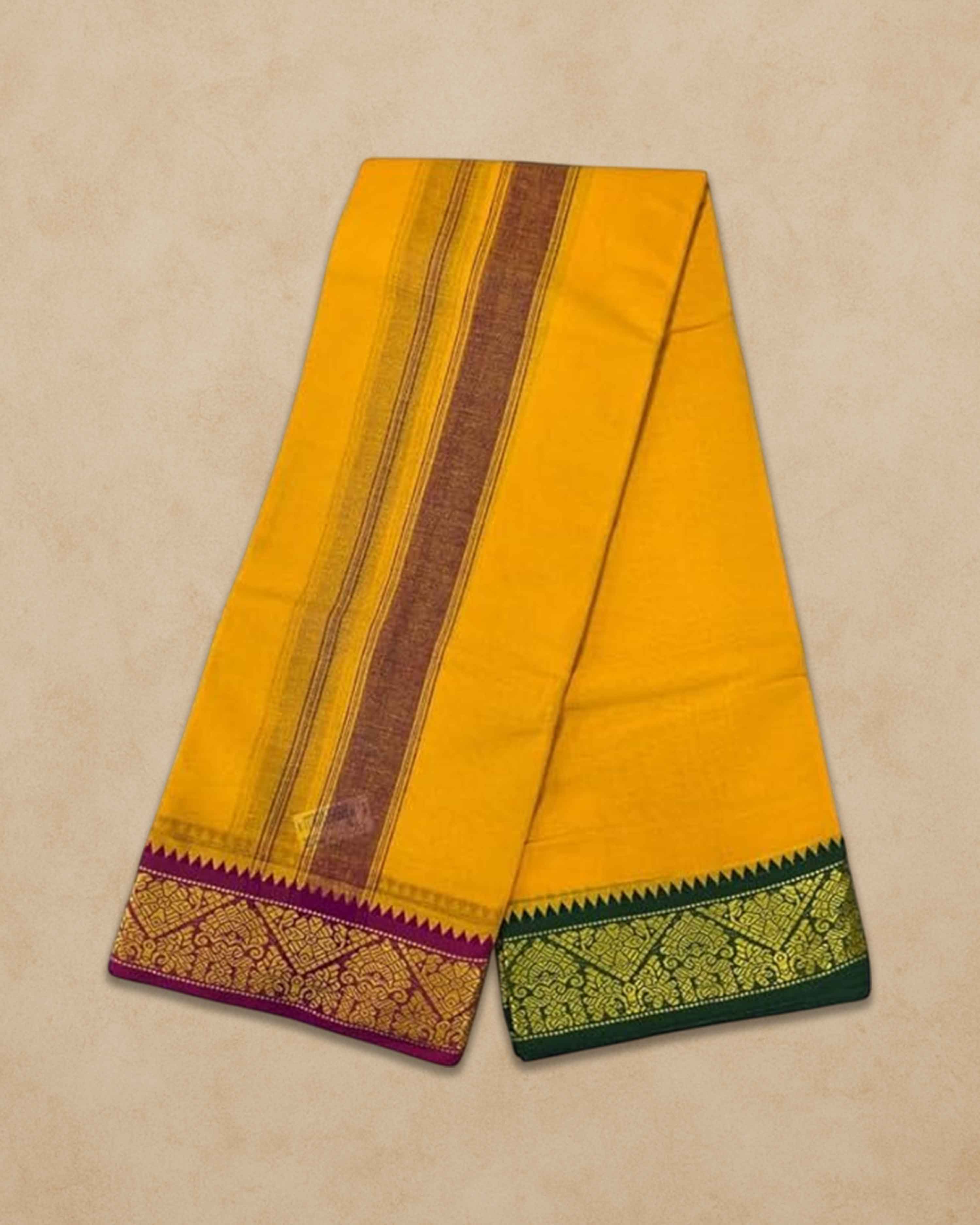 Men's Unbleached Cotton Panjakacham Dhoti & Towel Set | 9x5 Traditional Dhoti with Angavastram - Mango Yellow