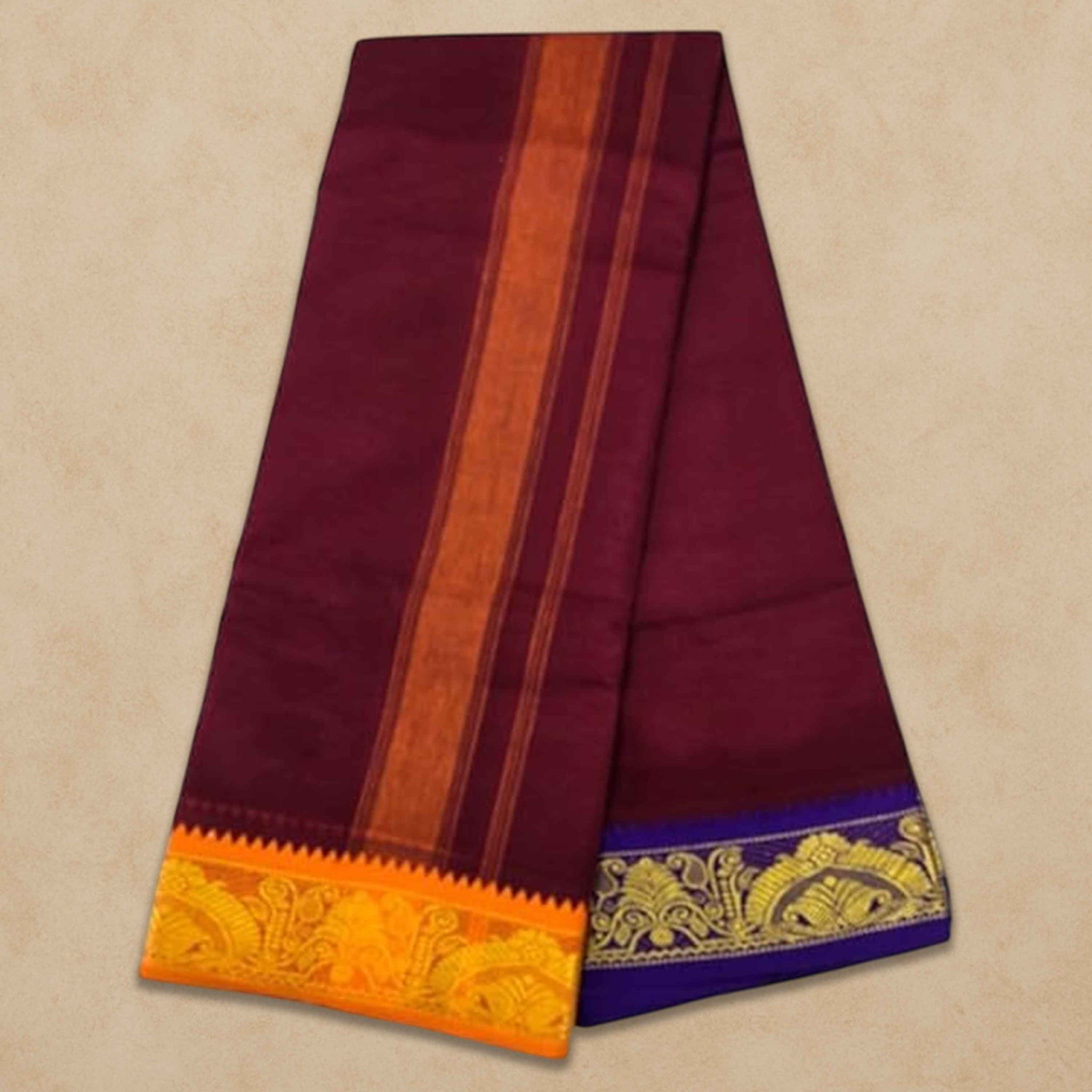 Men's Unbleached Cotton Panjakacham Dhoti & Towel Set | 9x5 Traditional Dhoti with Angavastram - Maroon
