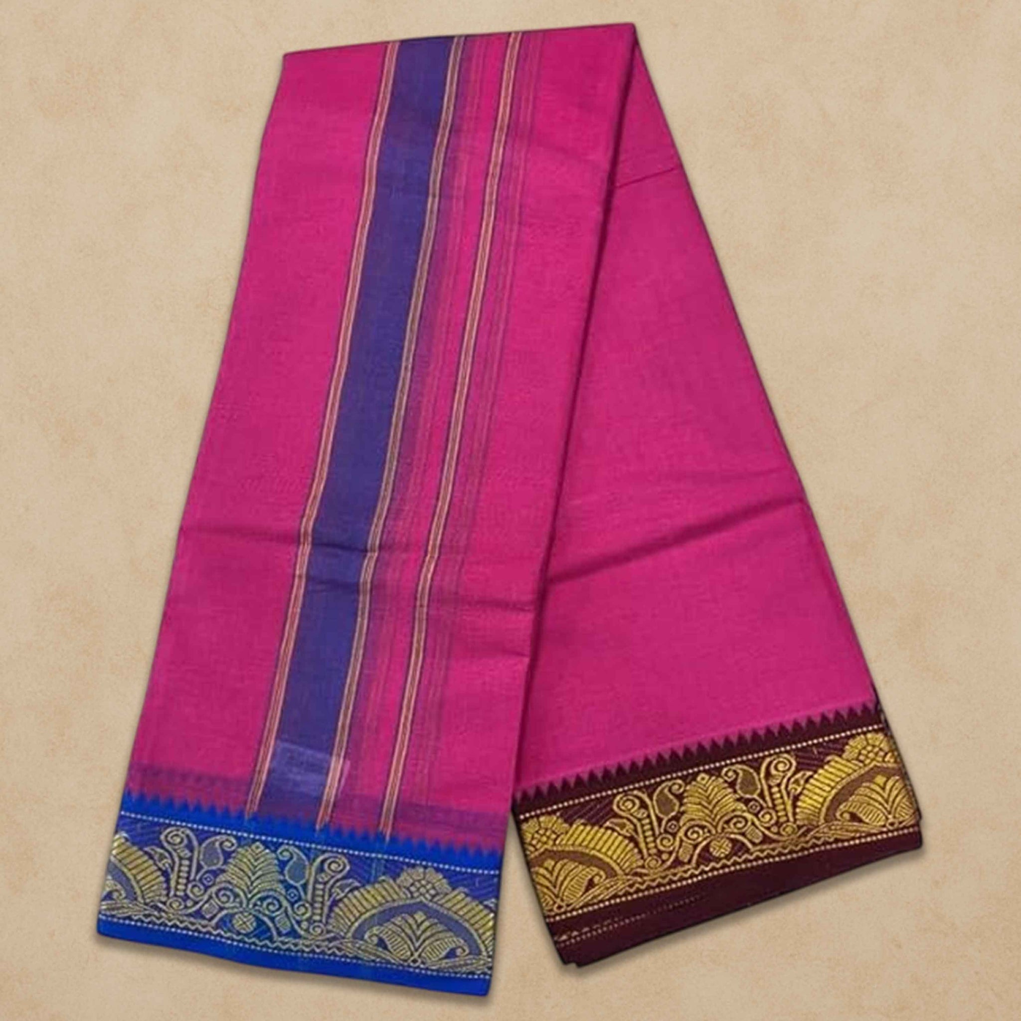 Men's Unbleached Cotton Panjakacham Dhoti & Towel Set | 9x5 Traditional Dhoti with Angavastram - Pink