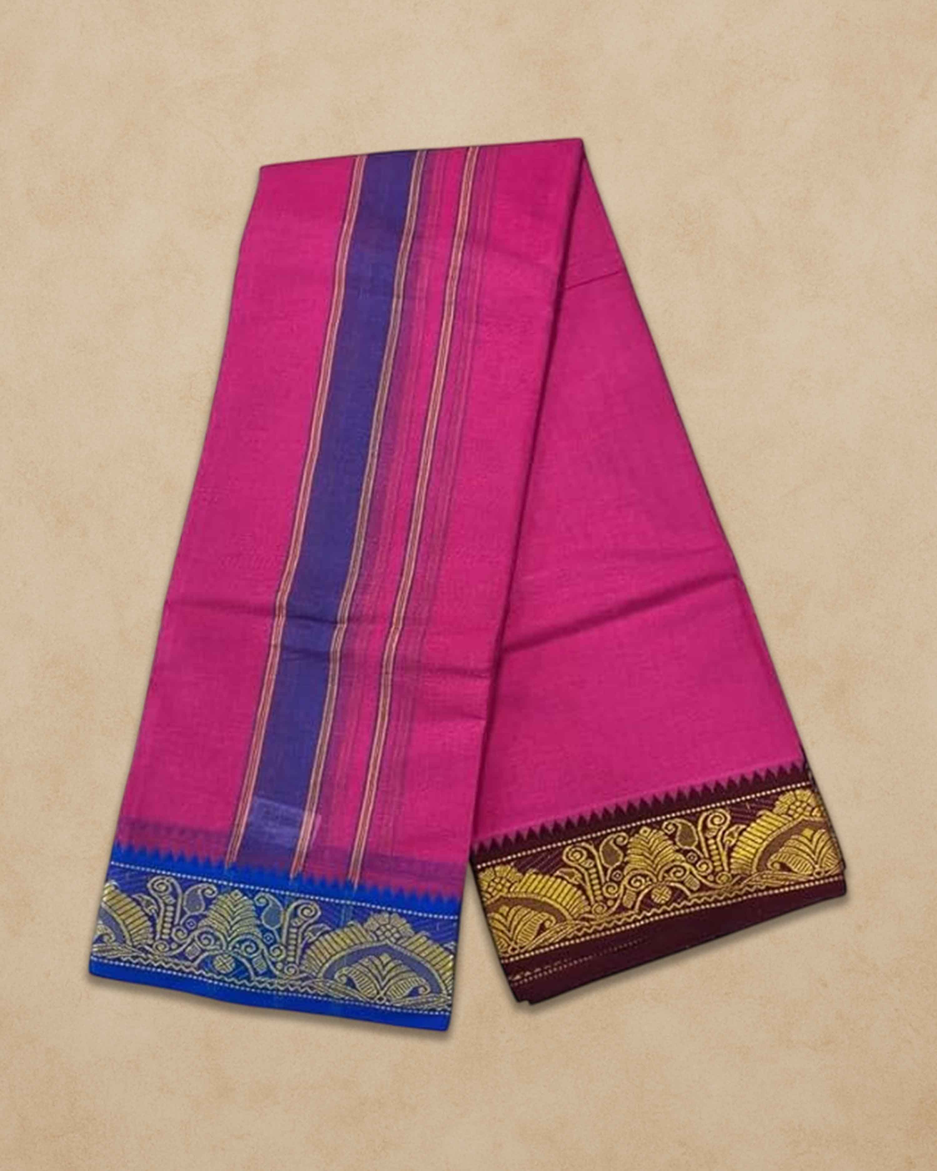 Men's Unbleached Cotton Panjakacham Dhoti & Towel Set | 9x5 Traditional Dhoti with Angavastram - Pink