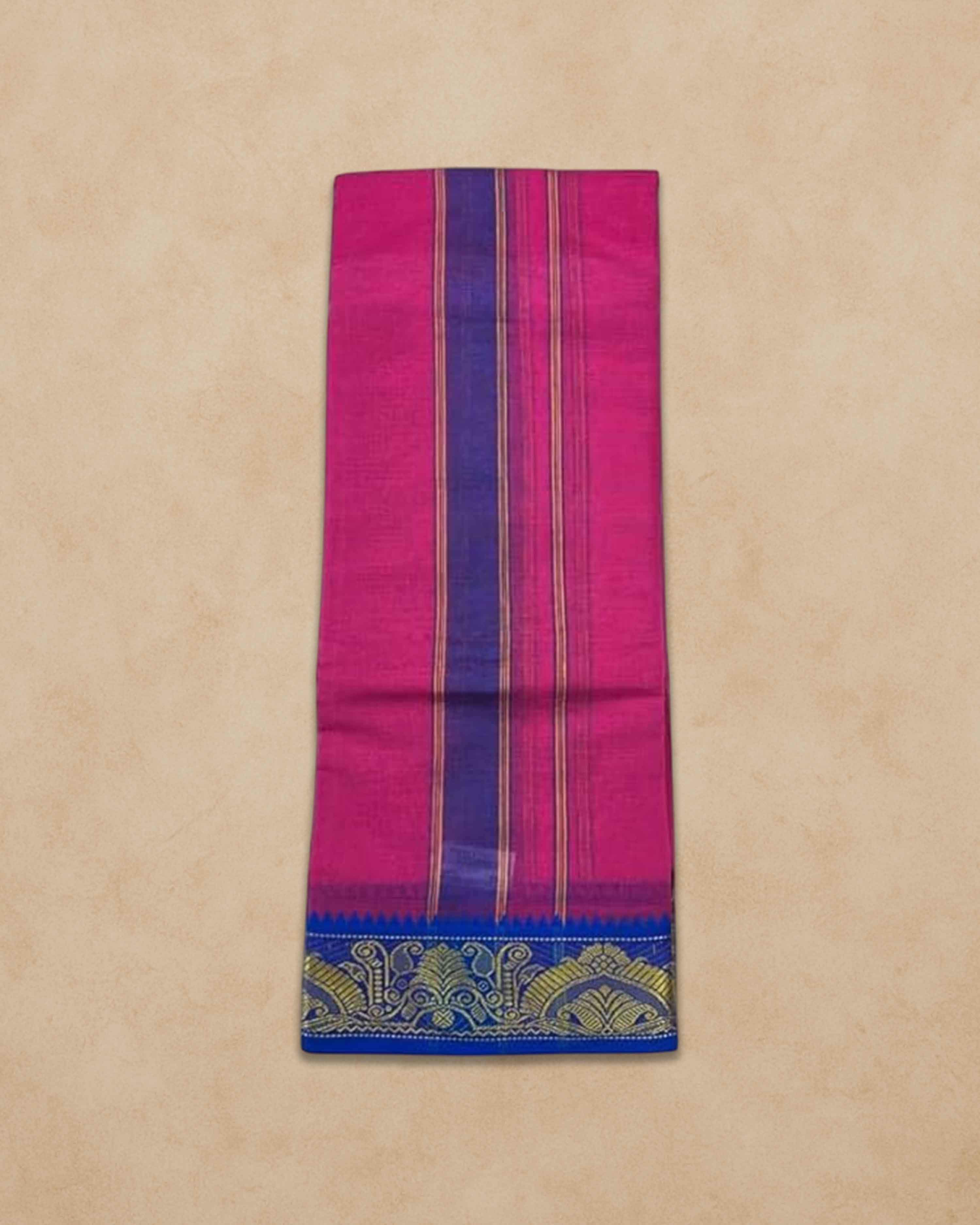 Men's Unbleached Cotton Panjakacham Dhoti & Towel Set | 9x5 Traditional Dhoti with Angavastram - Pink