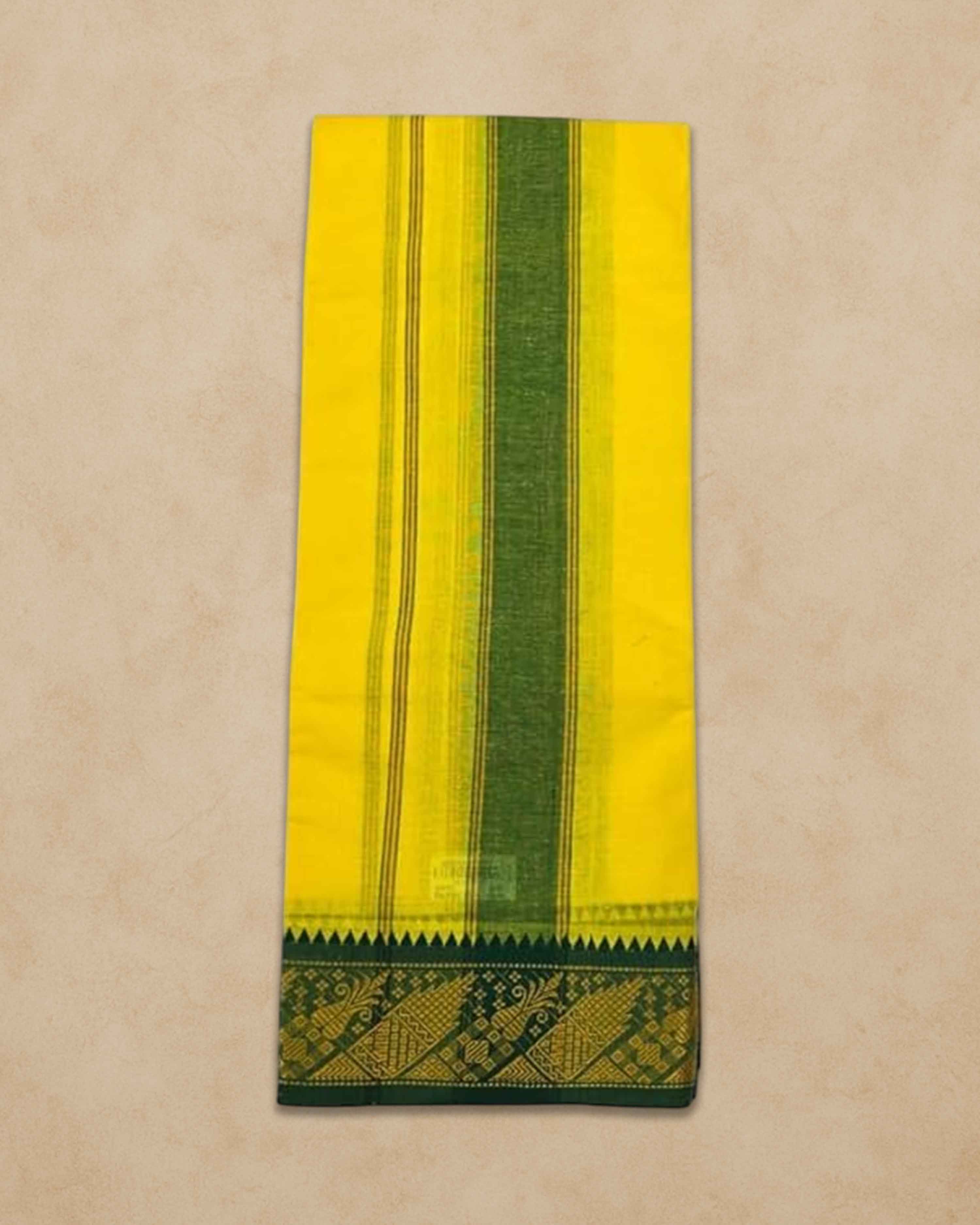 Men's Unbleached Cotton Panjakacham Dhoti & Towel Set | 9x5 Traditional Dhoti with Angavastram - Lemon Yellow