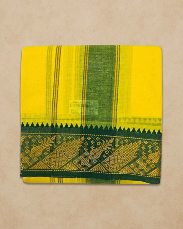 Men's Cotton Panjakacham Dhoti & Towel Set | 9x5 Traditional Dhoti with Angavastram | Lemon Yellow Colour