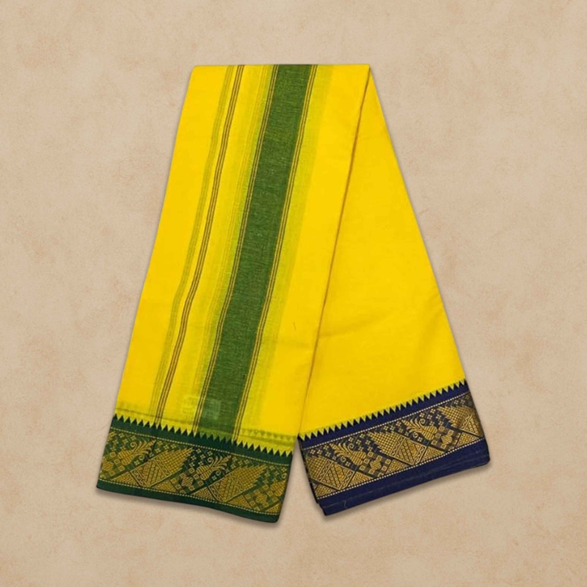 Men's Unbleached Cotton Panjakacham Dhoti & Towel Set | 9x5 Traditional Dhoti with Angavastram - Lemon Yellow