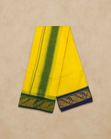 Men's Unbleached Cotton Panjakacham Dhoti & Towel Set | 9x5 Traditional Dhoti with Angavastram - Lemon Yellow