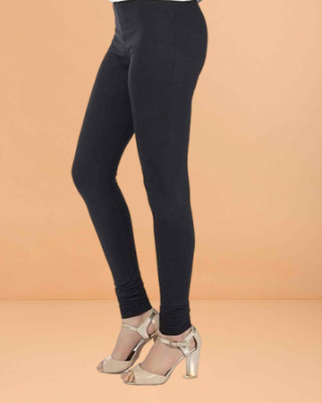 Women's Super Stretchable Cotton Full Length Leggings | Regular Fit Churidar Leggings for Women & Girls- Black