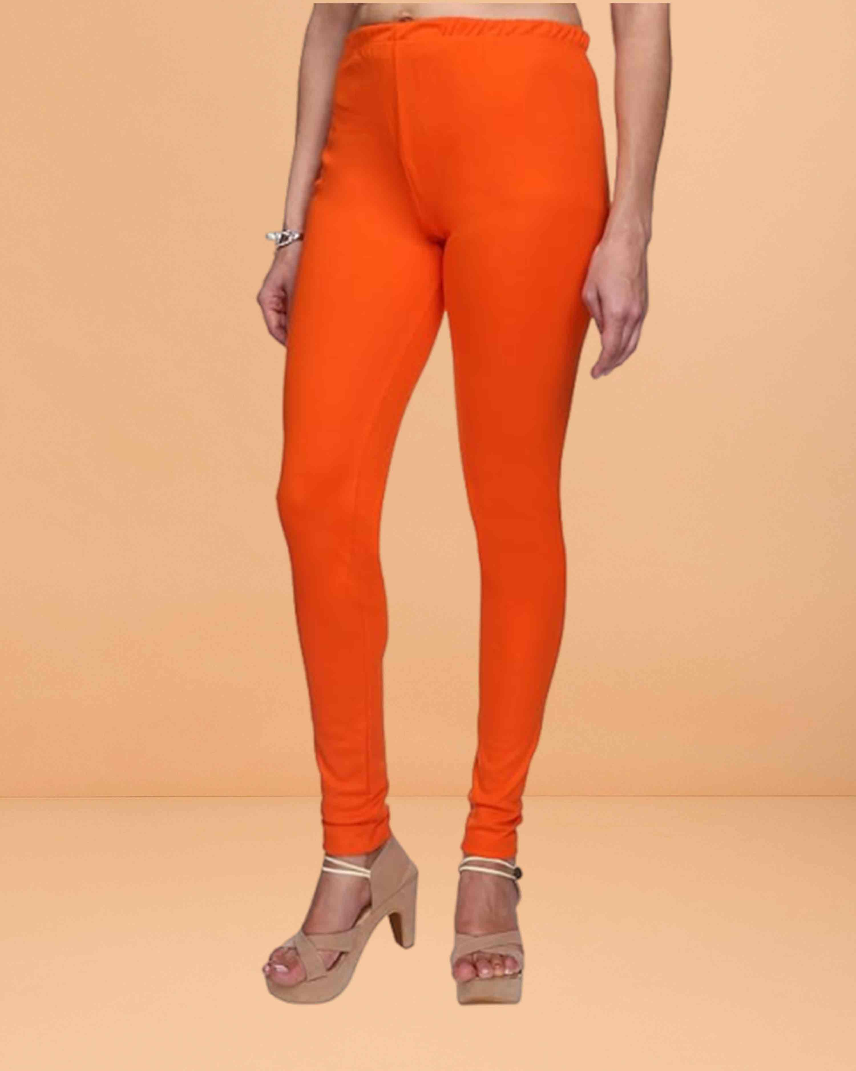 Ultra Soft Cotton Lycra Solid Regular and Plus Size 21 Colours Churidar Leggings for Women's and Girls - orange