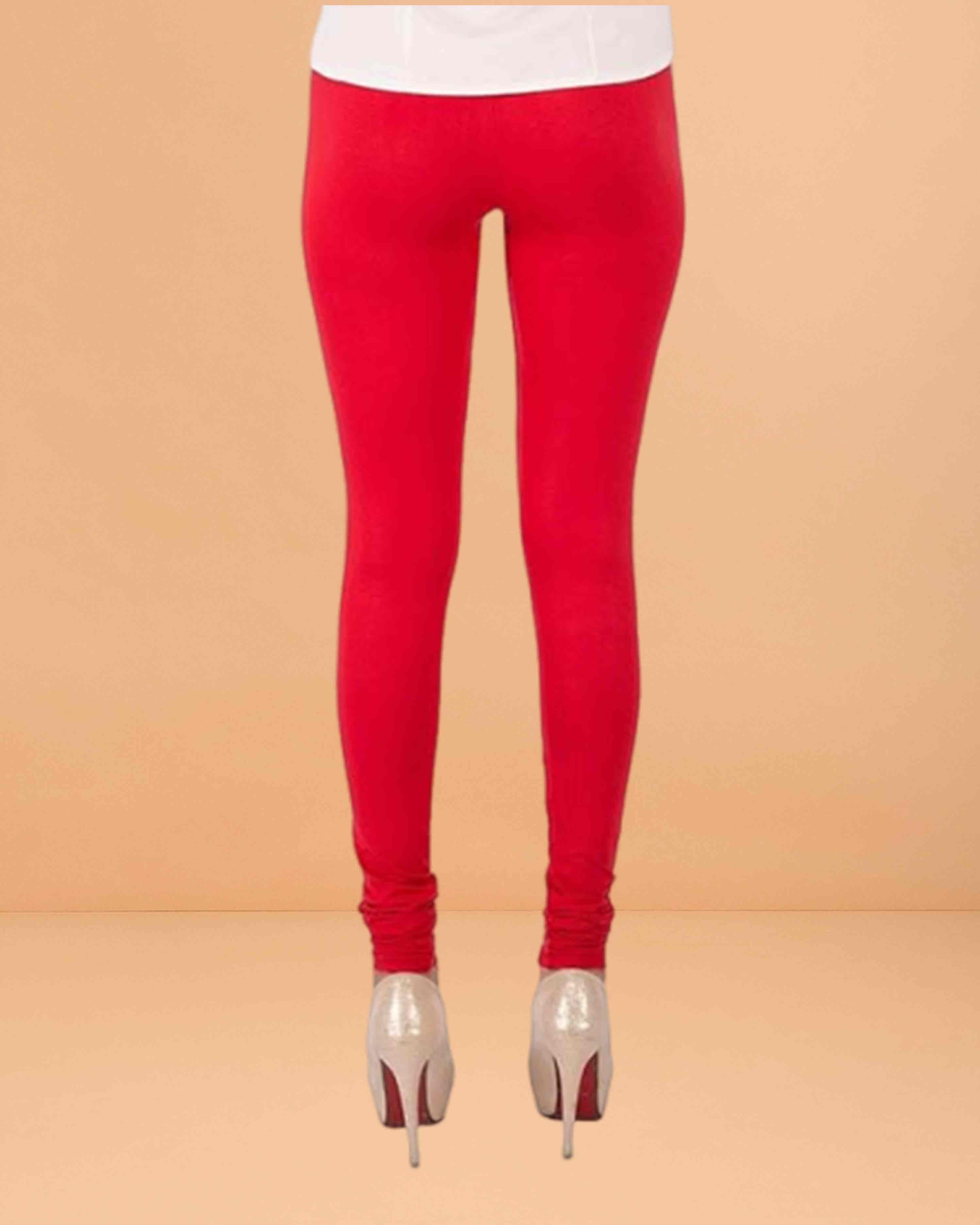 Ultra Soft Cotton Lycra Solid Regular and Plus Size 21 Colours Churidar Leggings for Women's and Girls - Red