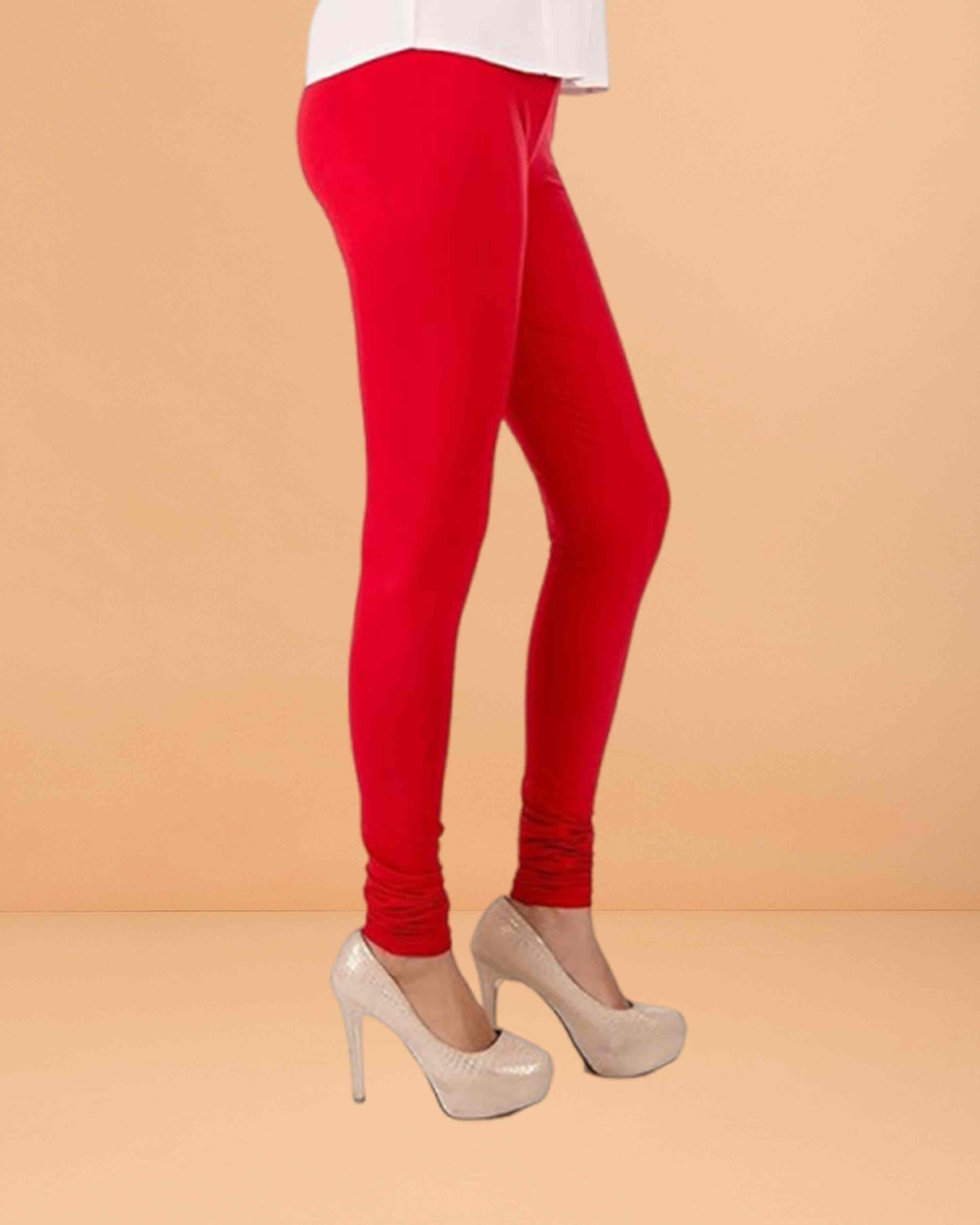 Ultra Soft Cotton Lycra Solid Regular and Plus Size 21 Colours Churidar Leggings for Women's and Girls - Red