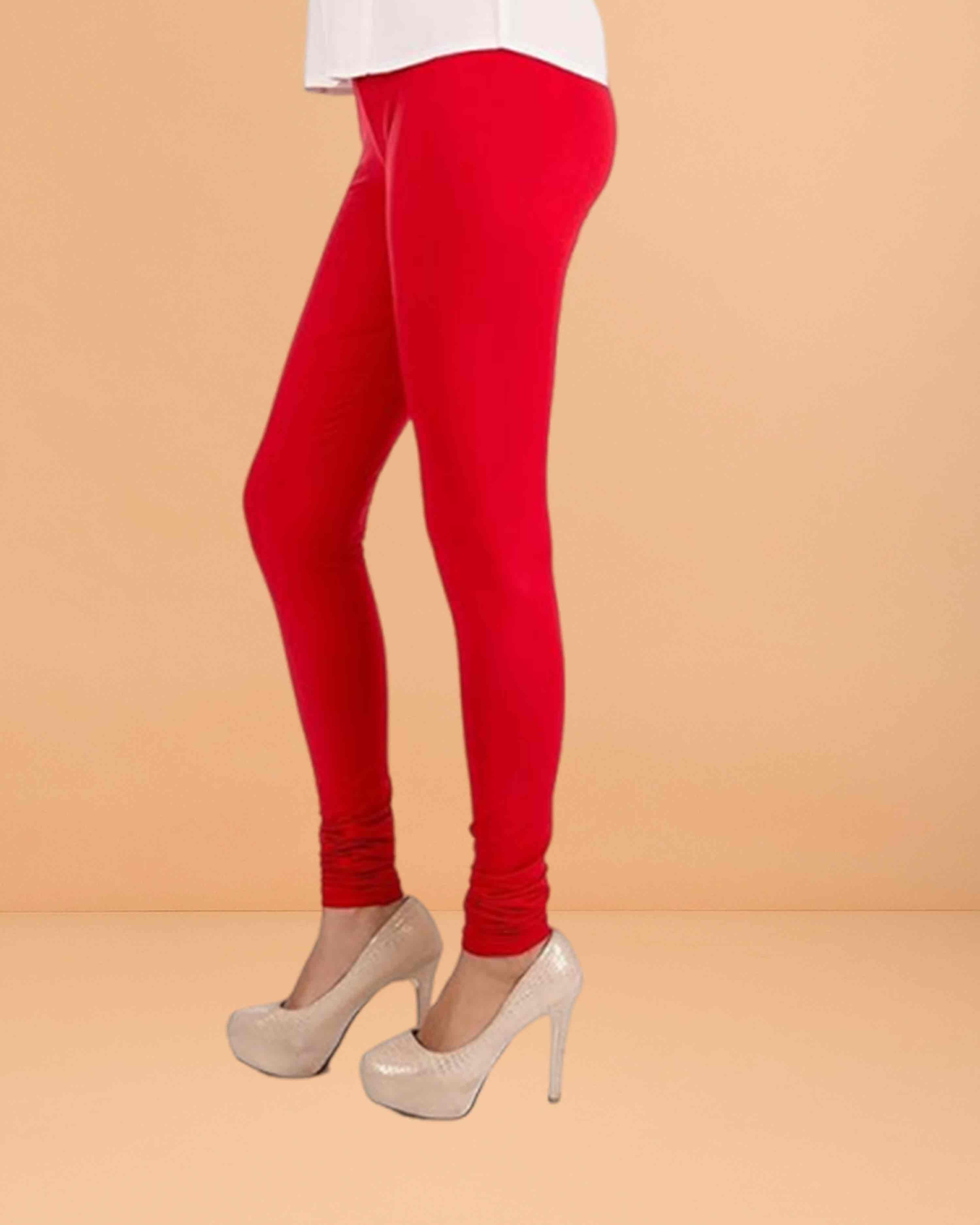 Ultra Soft Cotton Lycra Solid Regular and Plus Size 21 Colours Churidar Leggings for Women's and Girls - Red
