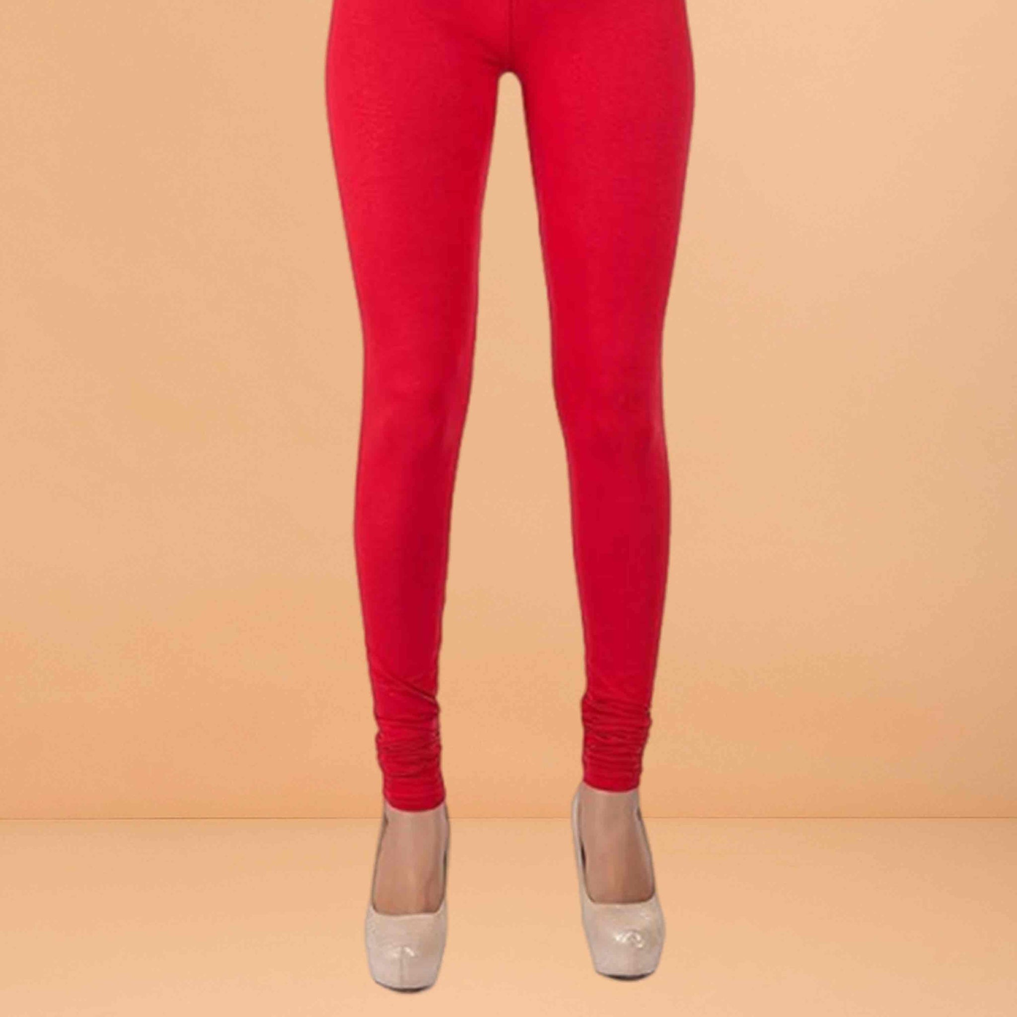 Ultra Soft Cotton Lycra Solid Regular and Plus Size 21 Colours Churidar Leggings for Women's and Girls - Red