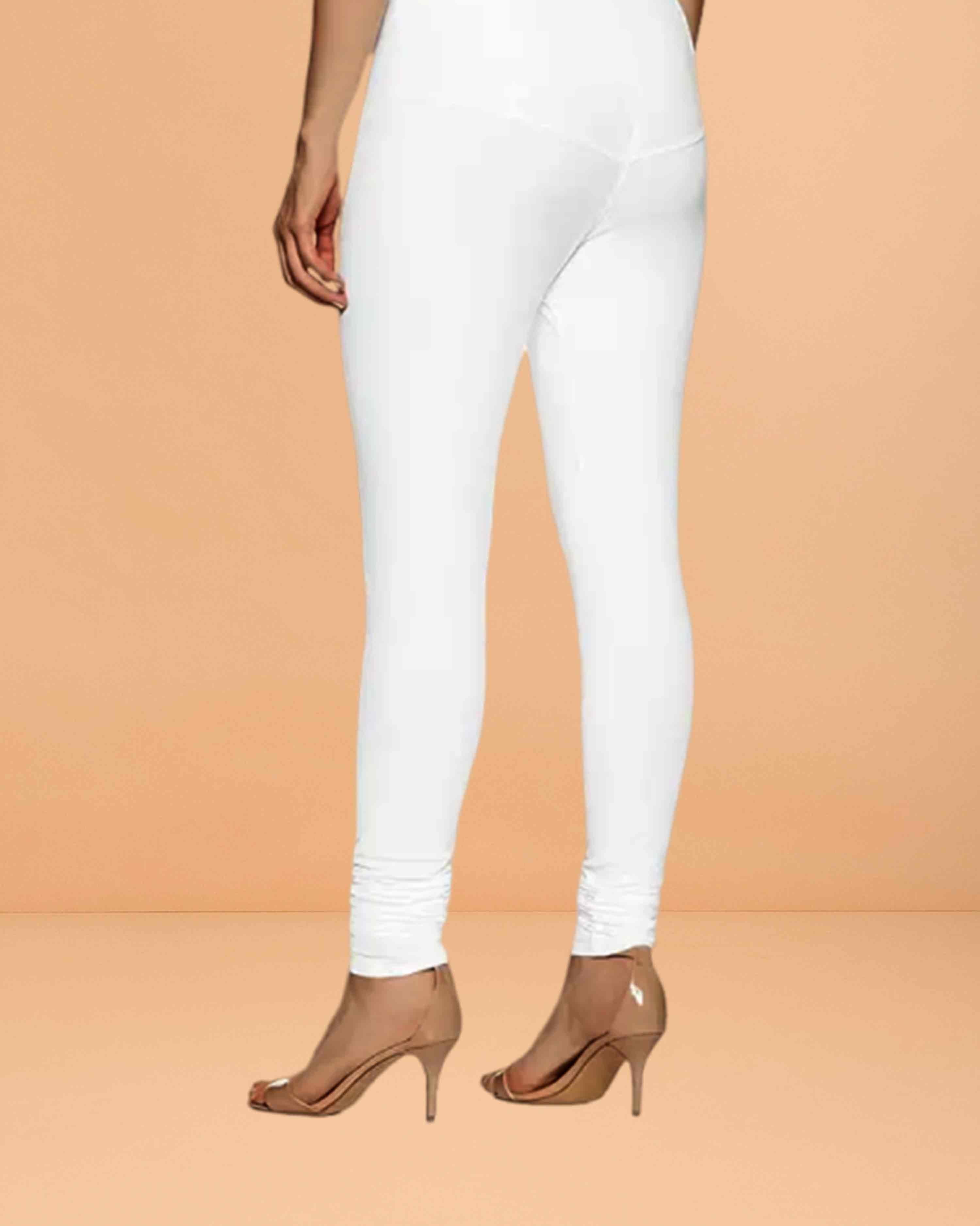 Ultra Soft Cotton Lycra Solid Regular and Plus Size 21 Colours Churidar Leggings for Women's and Girls - White