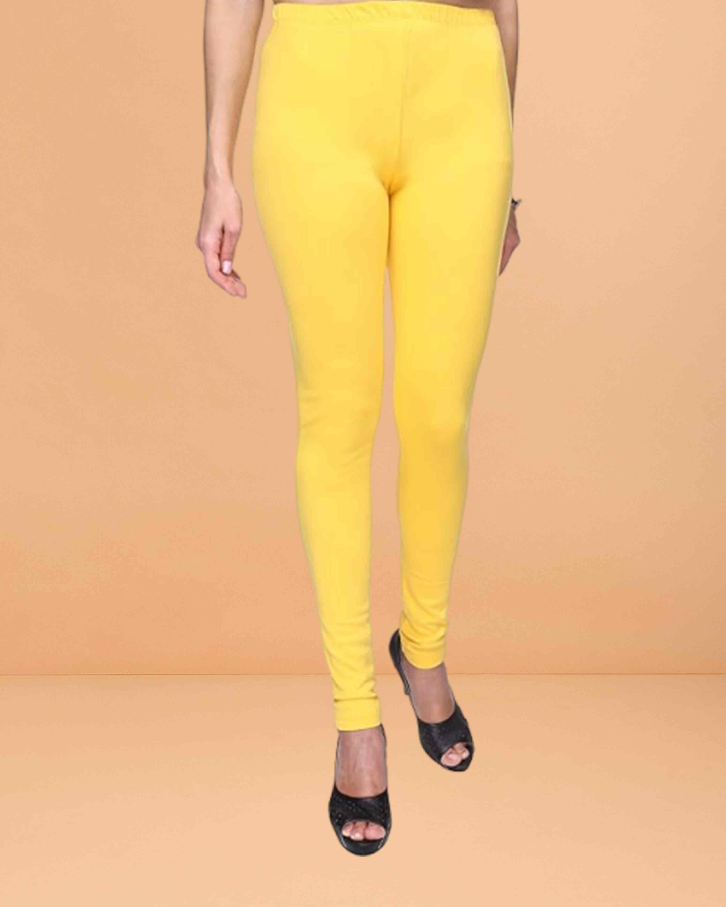 Ultra Soft Cotton Lycra Solid Regular and Plus Size 21 Colours Churidar Leggings for Women's and Girls - Yellow