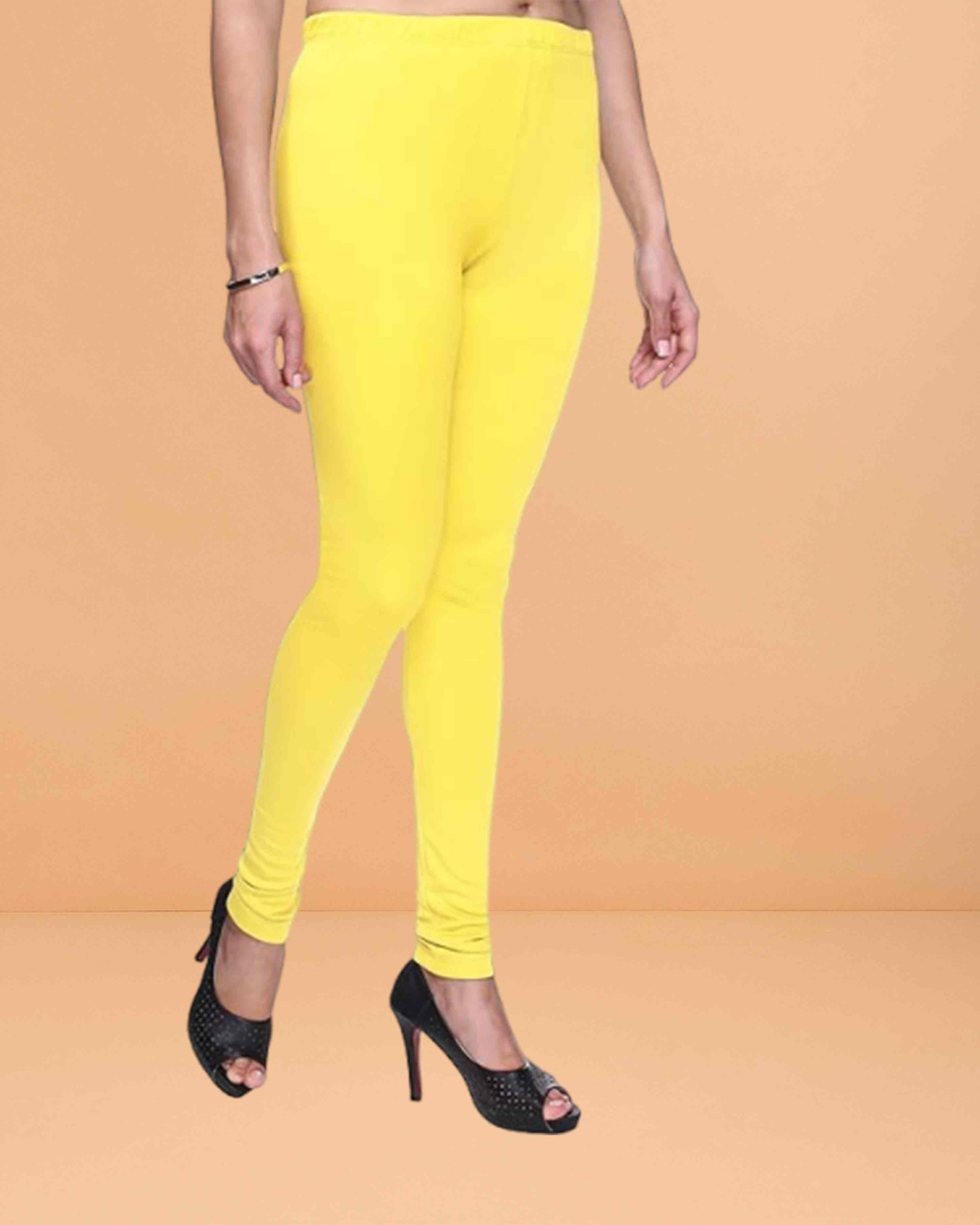 Ultra Soft Cotton Lycra Solid Regular and Plus Size 21 Colours Churidar Leggings for Women's and Girls - Yellow