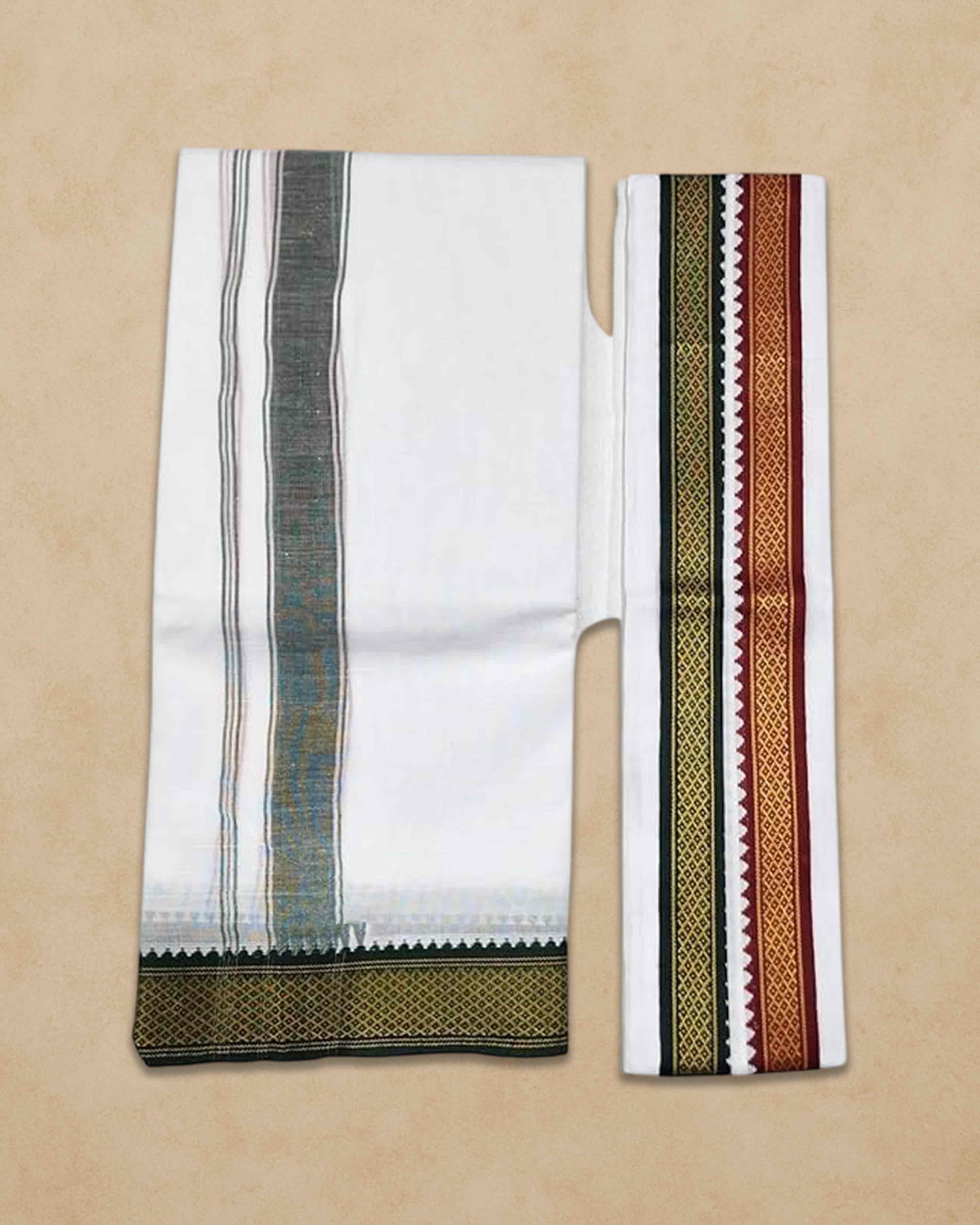 Mayilkan-Border-4 Mulam - MPS COTTON COOL 100% Cotton Dhoti 2.00 Mts Dhoti & Angavastam Towel Set (Pack of 2 Piece)