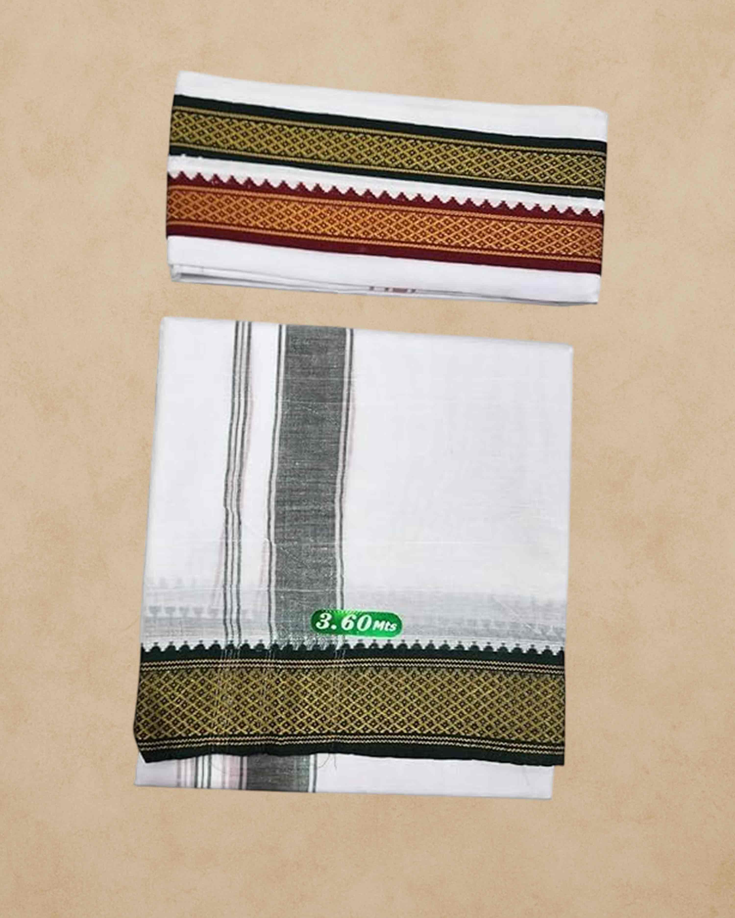 Mayilkan-Border-4 Mulam - MPS COTTON COOL 100% Cotton Dhoti 2.00 Mts Dhoti & Angavastam Towel Set (Pack of 2 Piece)