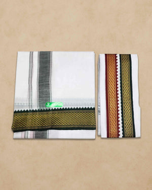 Mayilkan-Border-4 Mulam - MPS COTTON COOL 100% Cotton Dhoti 2.00 Mts Dhoti & Angavastam Towel Set (Pack of 2 Piece)