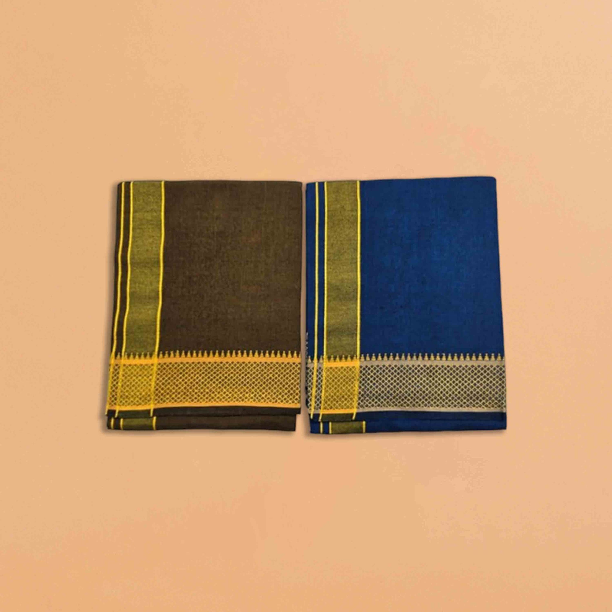 Men's Pure Cotton Colorful Dhotis with Gold Border - Size 2 MTR Single Dhoti- 4 Muzham | Dhoti for Puja, Festivals, Religious and Casual Home Wear - Pack 2