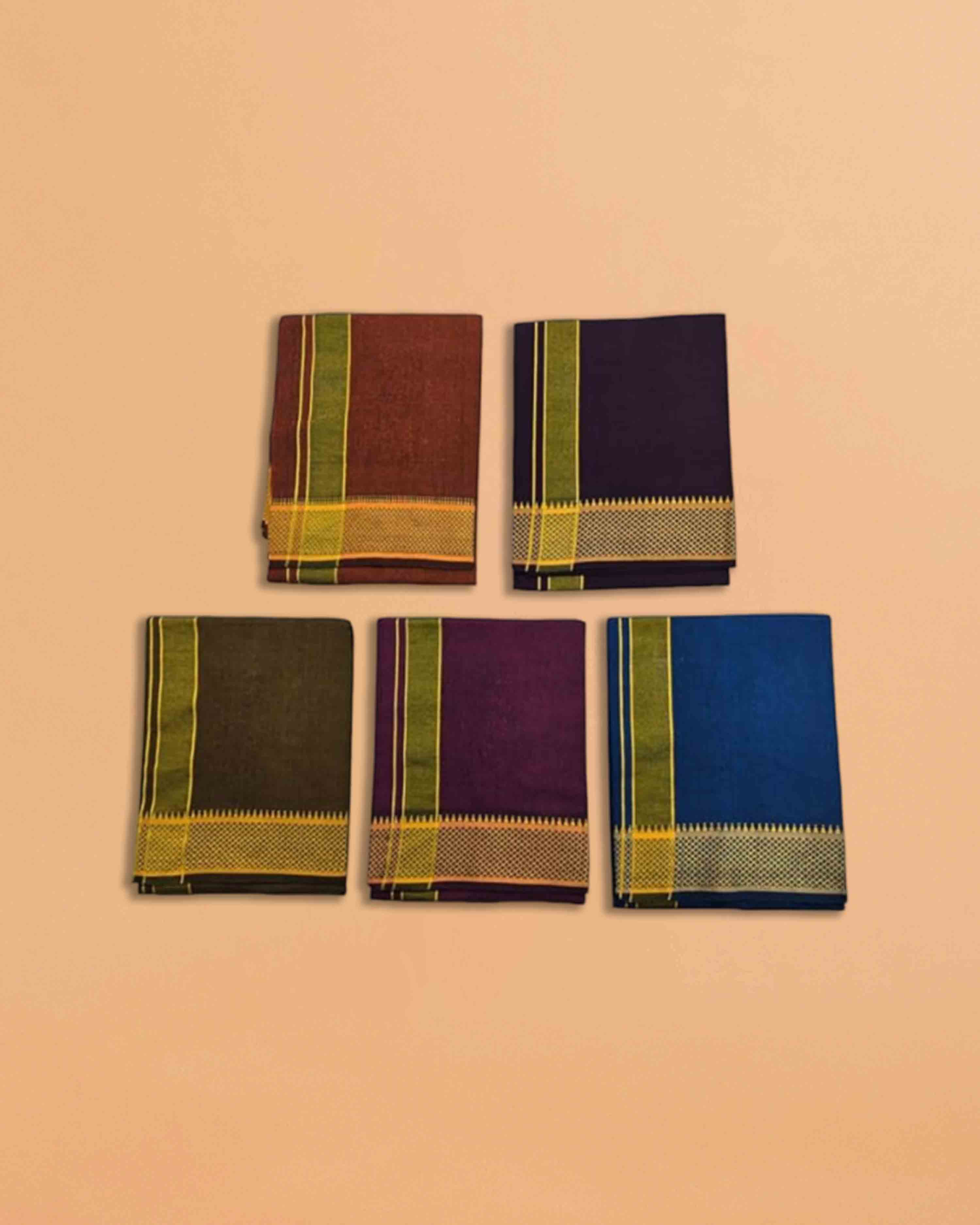 Men's Pure Cotton Colorful Dhotis with Gold Border - Size 2 MTR Single Dhoti- 4 Muzham | Dhoti for Puja, Festivals, Religious and Casual Home Wear - Pack 1 & 5