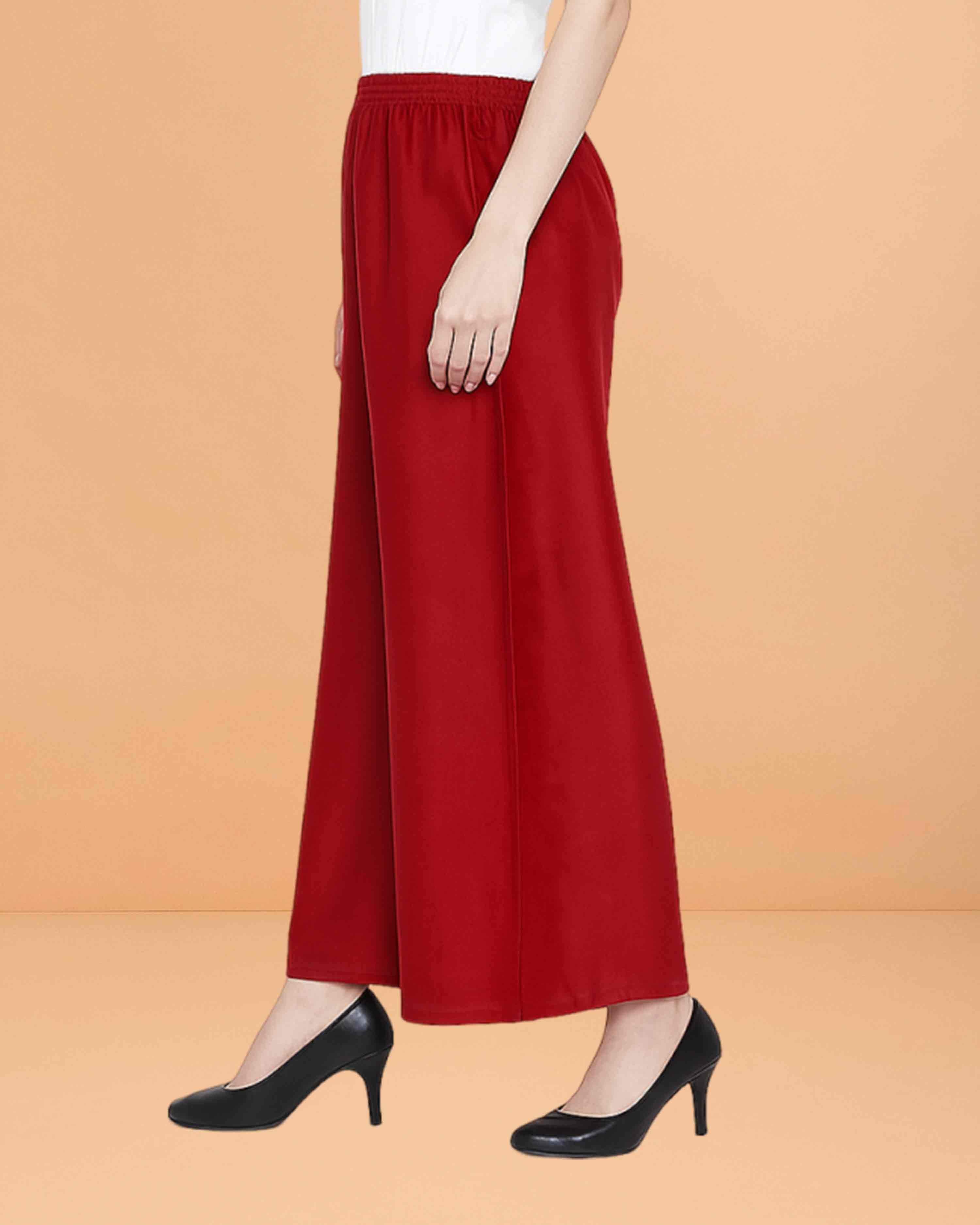Go colors women's mid rise basic relaxed fit palazzo - Maroon