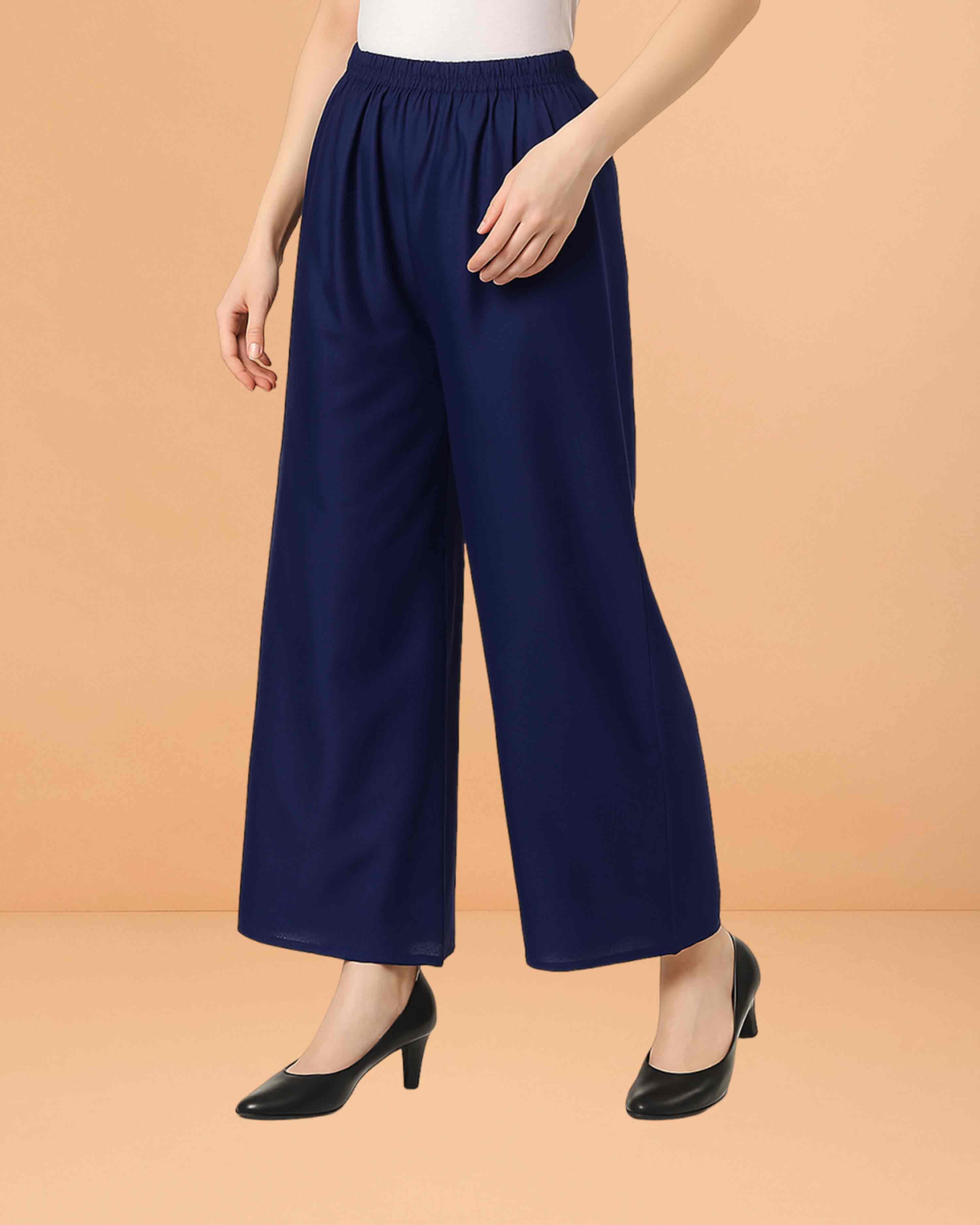 Go colors women's mid rise basic relaxed fit palazzo - Navy blue