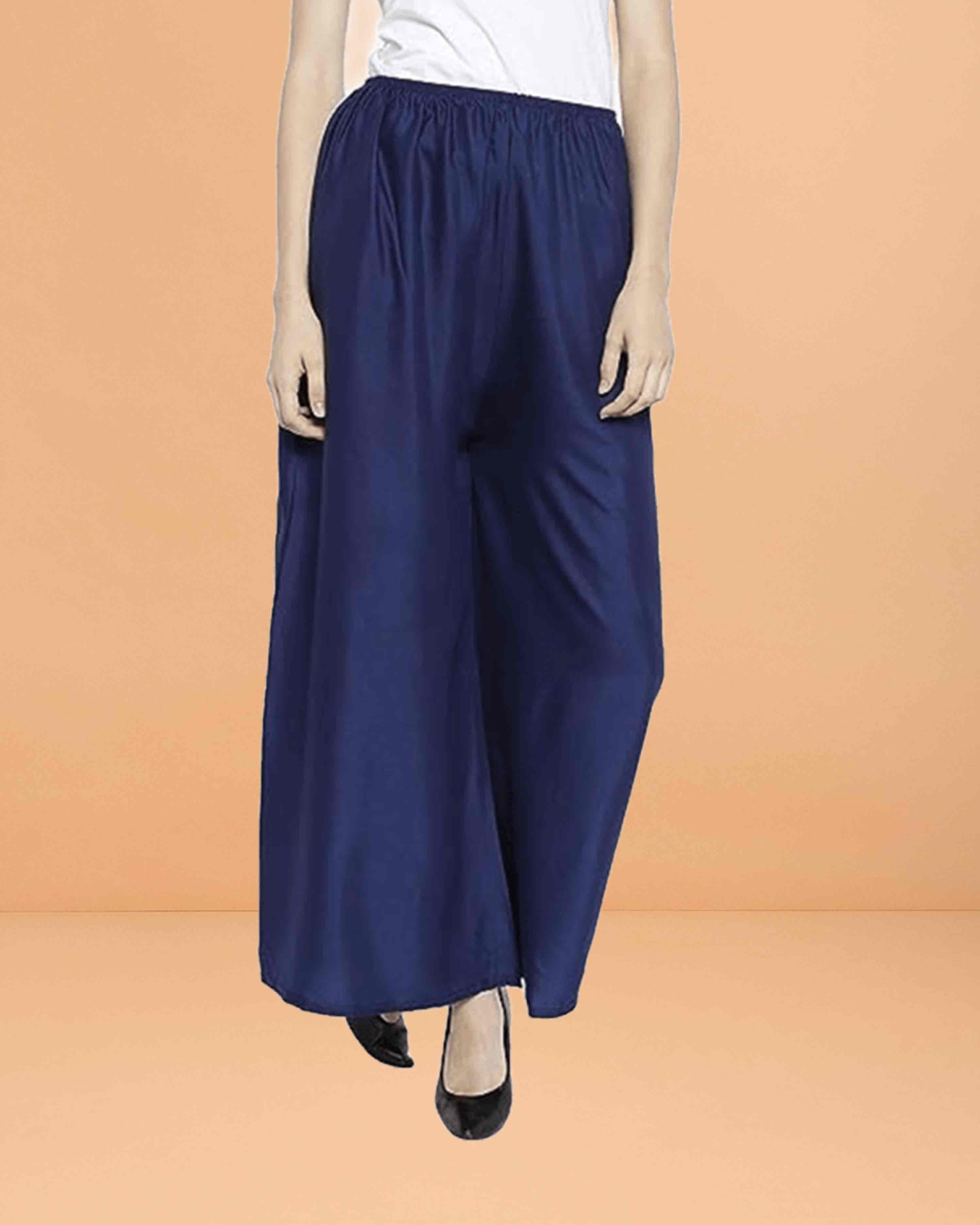 Go colors women's mid rise basic relaxed fit palazzo - Navy blue
