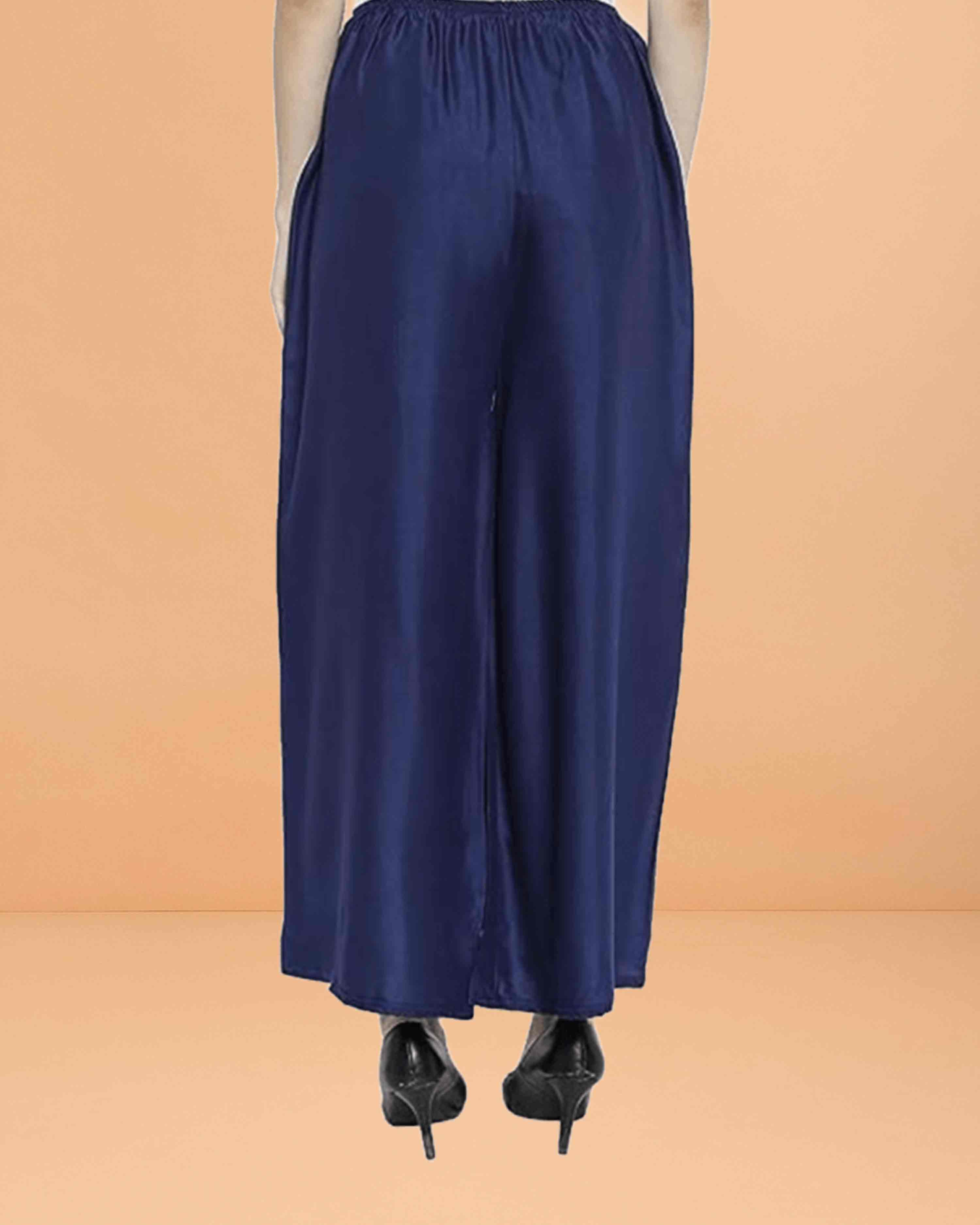 Go colors women's mid rise basic relaxed fit palazzo - Navy blue