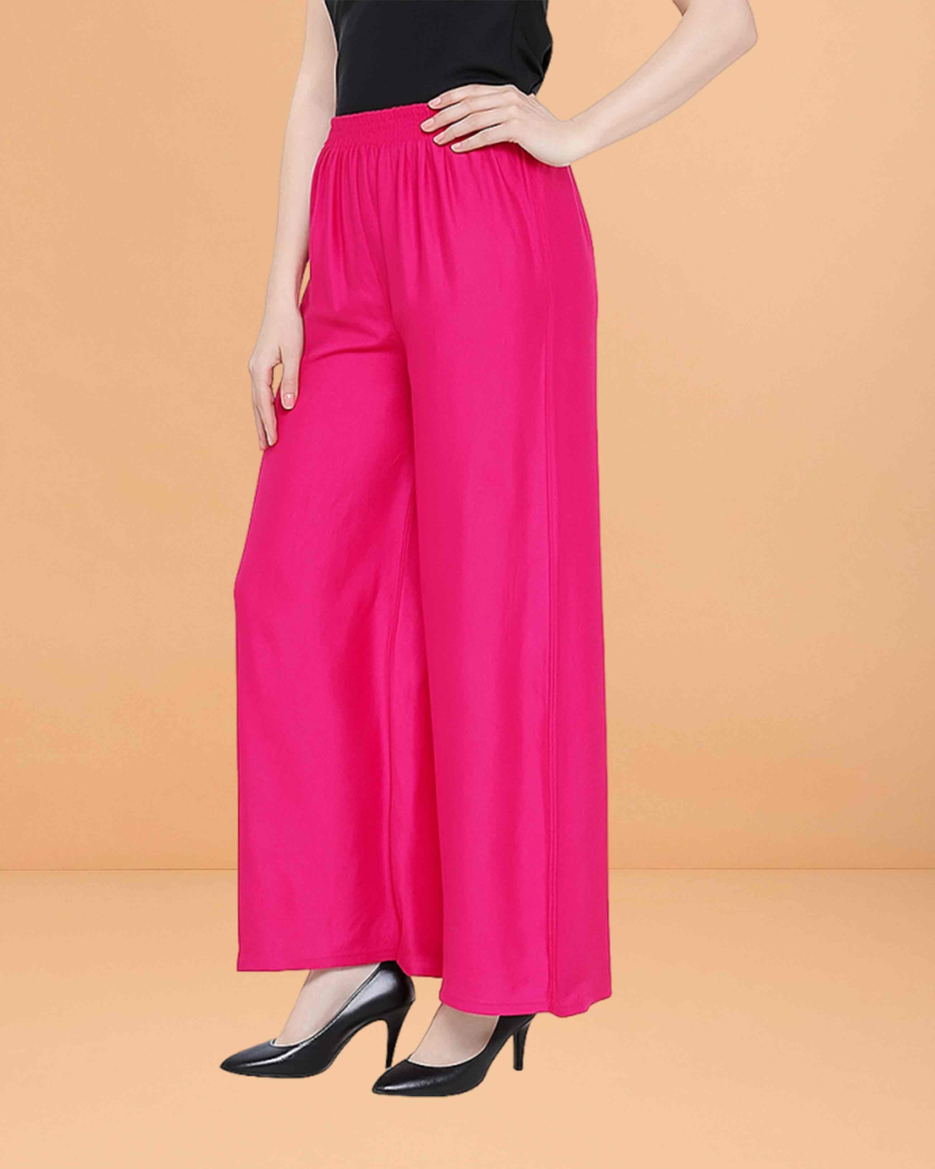 Go colors women's mid rise basic relaxed fit palazzo - Dark pink