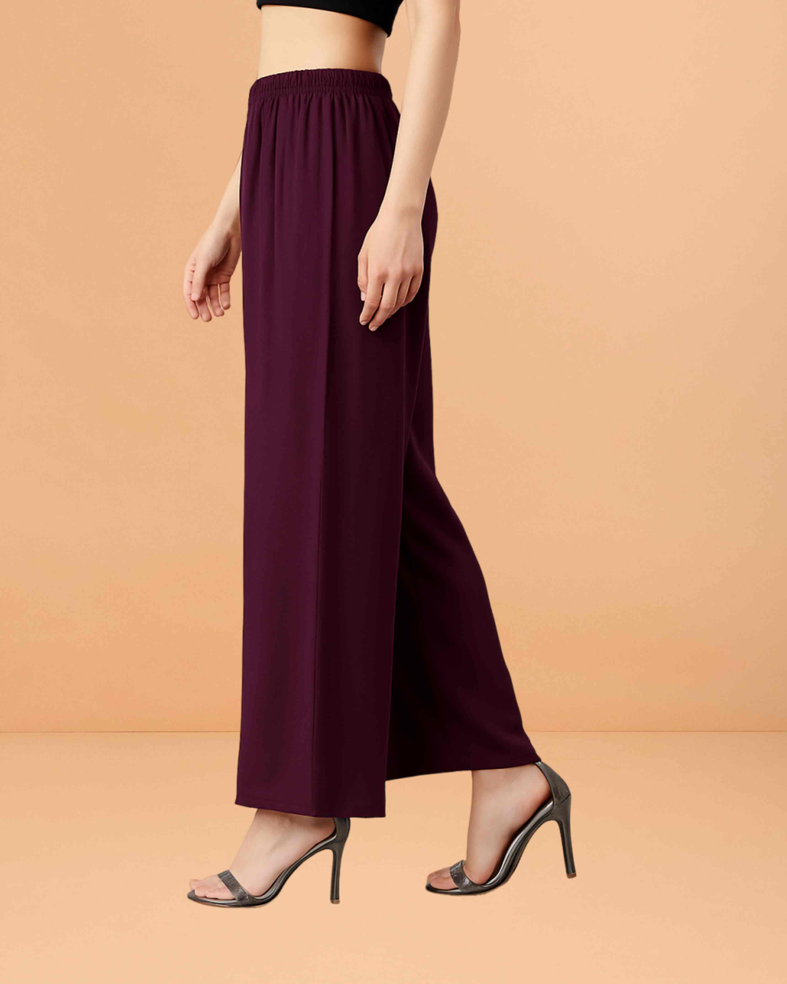 Go colors women's mid rise basic relaxed fit palazzo - Purple
