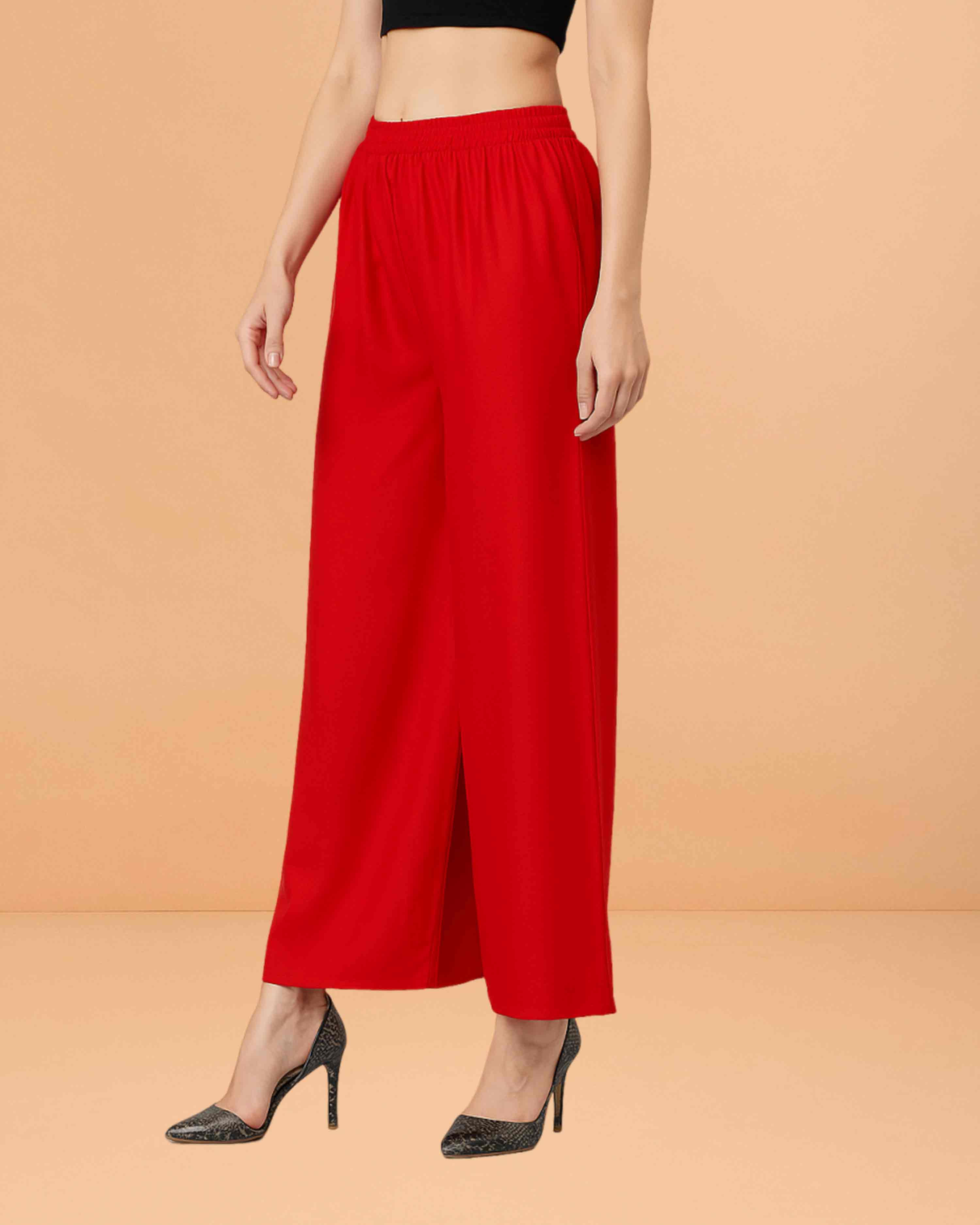 Go colors women's mid rise basic relaxed fit palazzo - Red